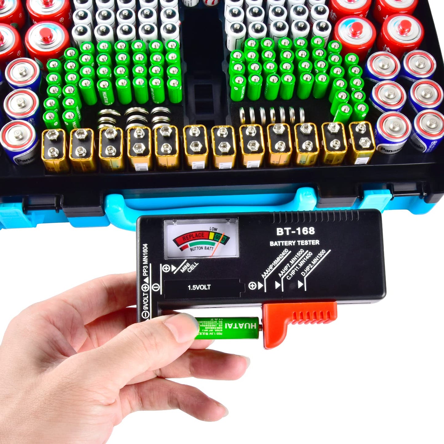 Battery Organizer Storage Case with Tester, Double-Sided Batteries Box Holder Fits for 269 AA AAA AAAA 3A 4A 9V C D Lithium 23A 4LR44 CR123A CR1632 CR2032, Battery Garage Container Keeper- Blue