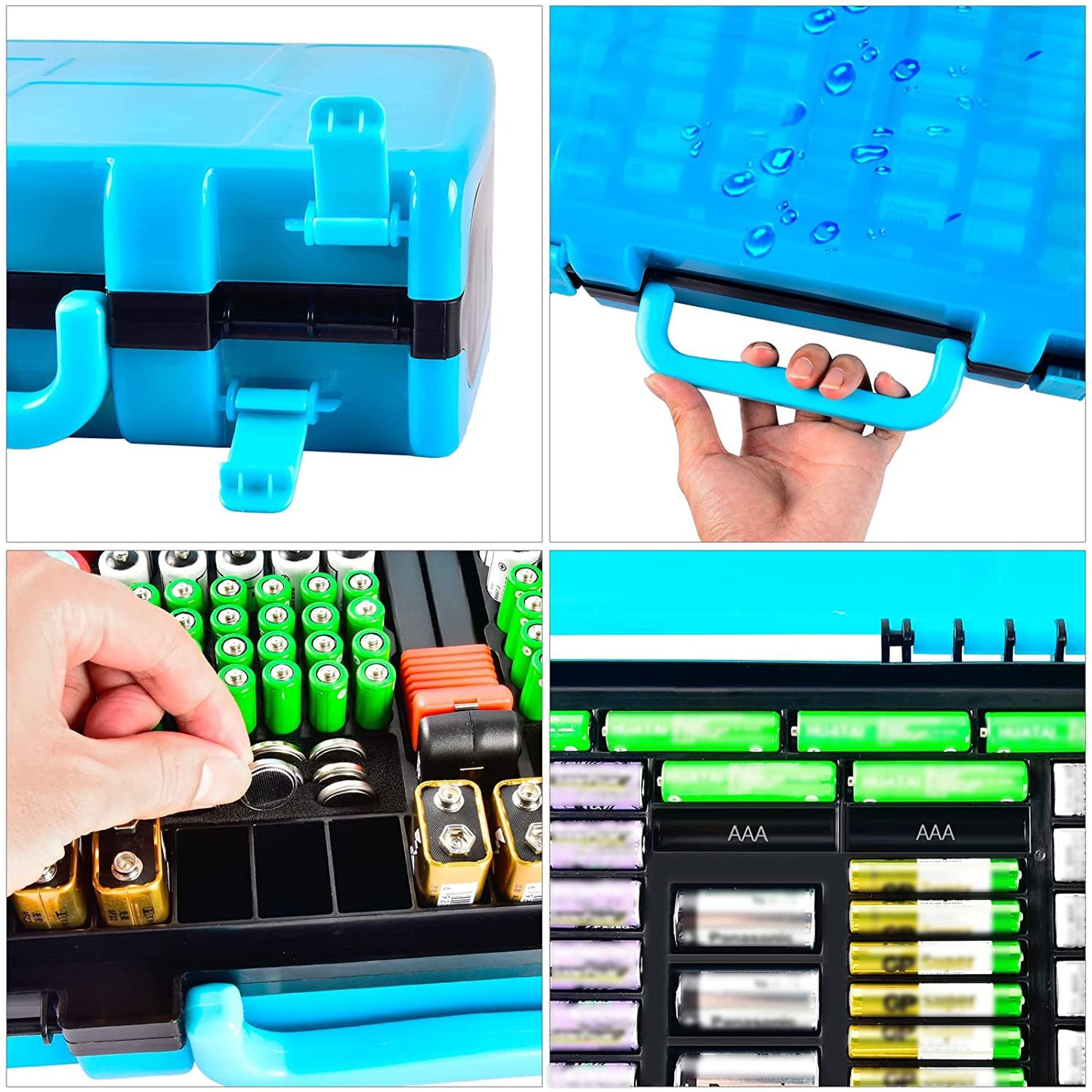 Battery Organizer Storage Case with Tester, Double-Sided Batteries Box Holder Fits for 269 AA AAA AAAA 3A 4A 9V C D Lithium 23A 4LR44 CR123A CR1632 CR2032, Battery Garage Container Keeper- Blue