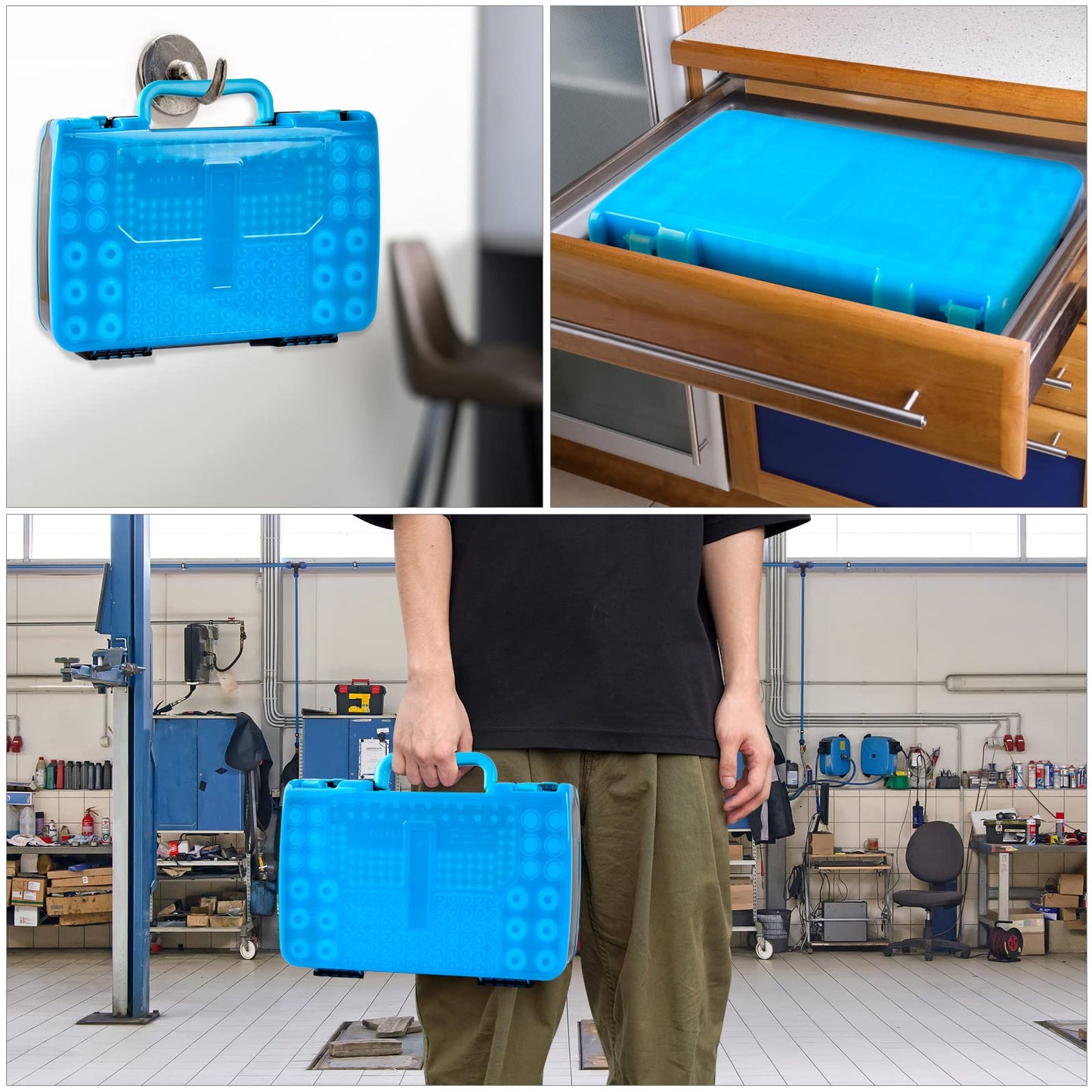 Battery Organizer Storage Case with Tester, Double-Sided Batteries Box Holder Fits for 269 AA AAA AAAA 3A 4A 9V C D Lithium 23A 4LR44 CR123A CR1632 CR2032, Battery Garage Container Keeper- Blue