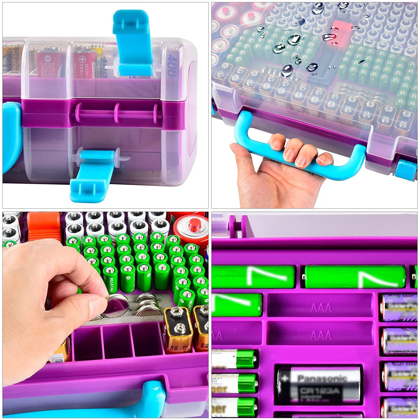 Battery Organizer Storage Case with Tester, Double-Sided Batteries Box Holder Fits for 269 AA AAA AAAA 3A 4A 9V C D Lithium 23A 4LR44 CR123A CR1632 CR2032, Battery Garage Container Keeper- Purple