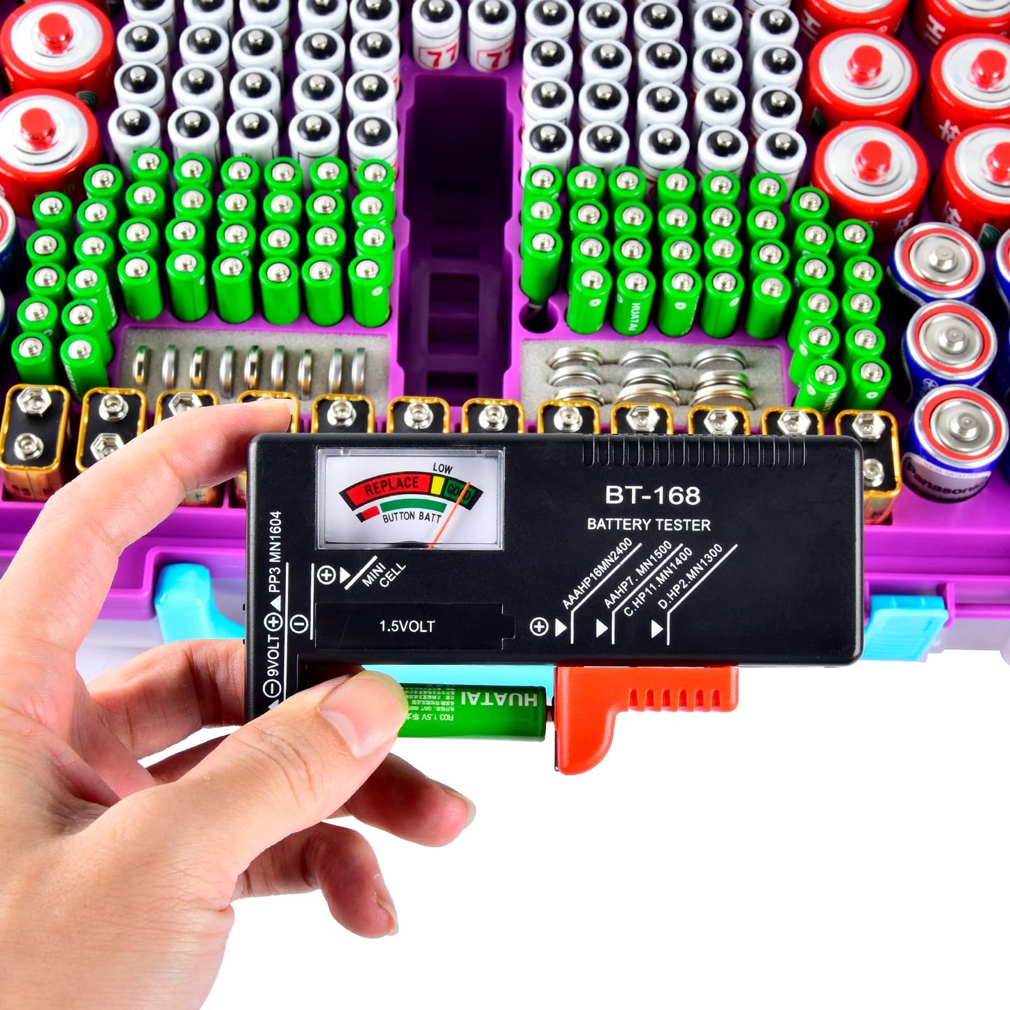 Battery Organizer Storage Case with Tester, Double-Sided Batteries Box Holder Fits for 269 AA AAA AAAA 3A 4A 9V C D Lithium 23A 4LR44 CR123A CR1632 CR2032, Battery Garage Container Keeper- Purple