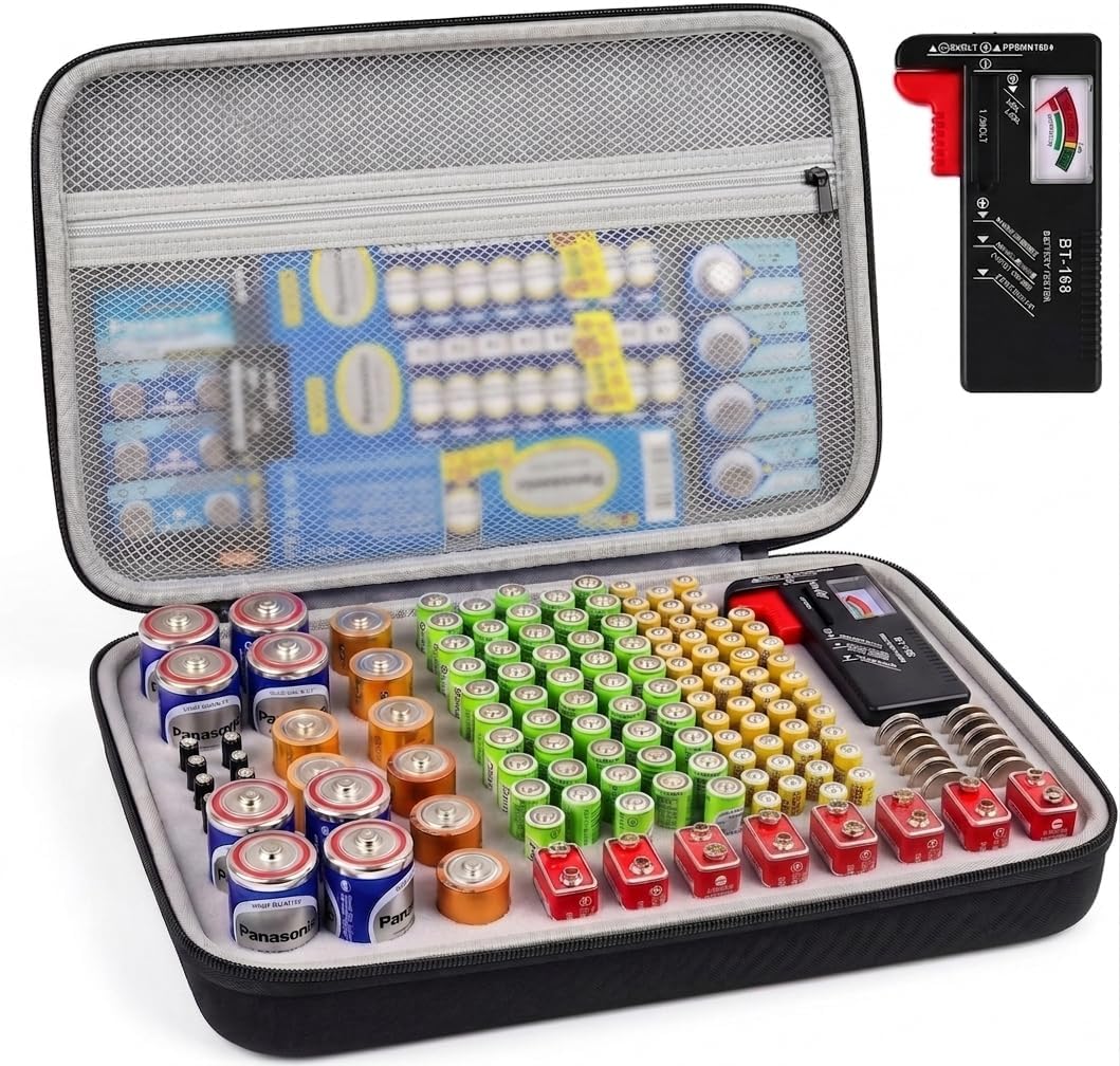 PAIYULE Battery Organizer Storage Box with Tester, Shockproof EVA 220+ AA AAA C D 9V Capacity Emergency Power Solution, Unique 8 D-Cell Home Kitchen Garage Organization