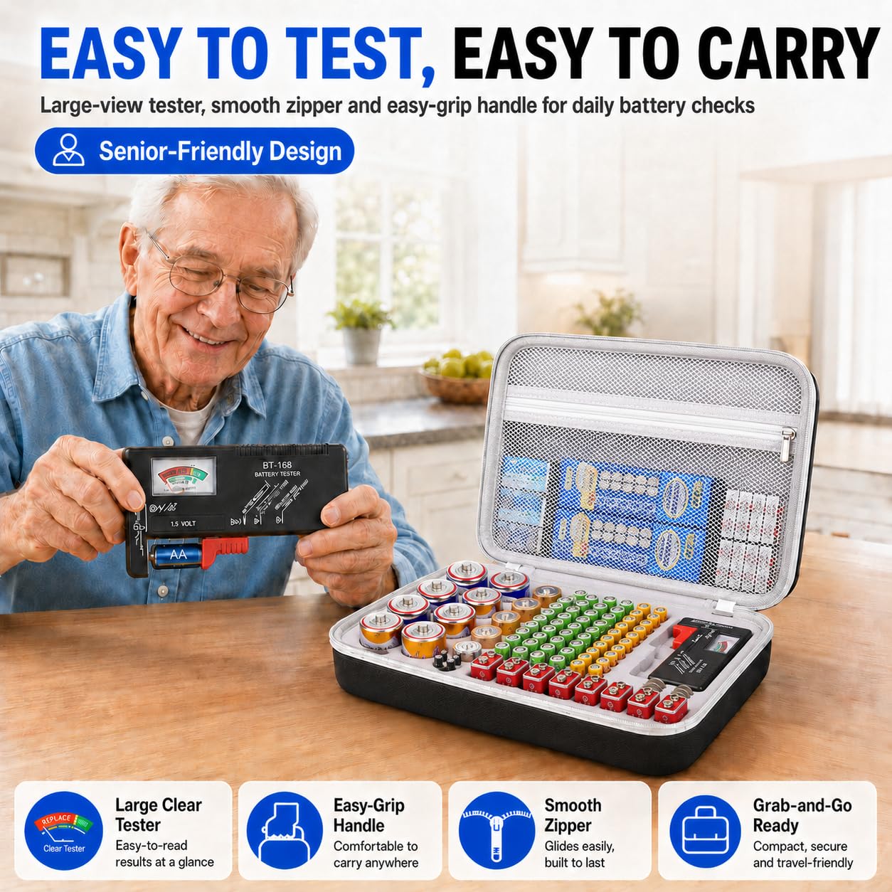 PAIYULE Battery Organizer Storage Box with Tester, Shockproof EVA 220+ AA AAA C D 9V Capacity Emergency Power Solution, Unique 8 D-Cell Home Kitchen Garage Organization