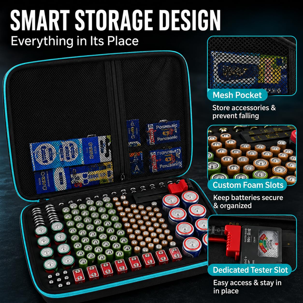 PAIYULE Battery Organizer Storage Case Box with Tester Checker, 220+ Batteries Holder Bag fits for AA AAA AAAA 9V C D Home Garage Container (Fits 220+ Batteries) (Fits 220+ Batteries)
