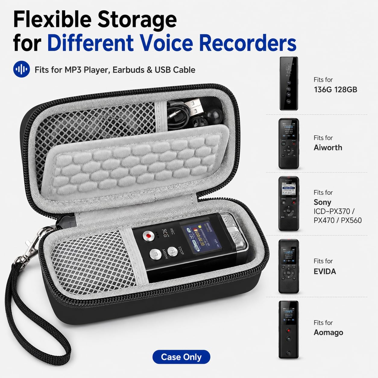 PAIYULE Case Compatible with 136G 128GB Digital Voice Recorder for Aiworth/for Sony ICD-PX370/ 470/560 for EVIDA/for Aomago Activated Recorder Fits for MP3 Player, Earbuds, USB Cable (Box Only)
