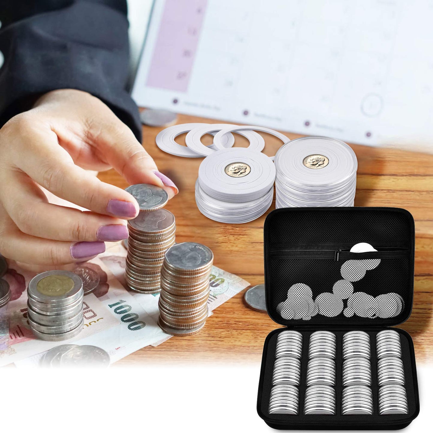 PAIYULE 96 Pieces 46mm Coin Capsules, with Foam Gasket and Plastic Storage Organizer Box, 6 Sizes (20/25/27/30/38/46mm) Coins Collector Case Holder for Coin Collection Supplies (Blue)