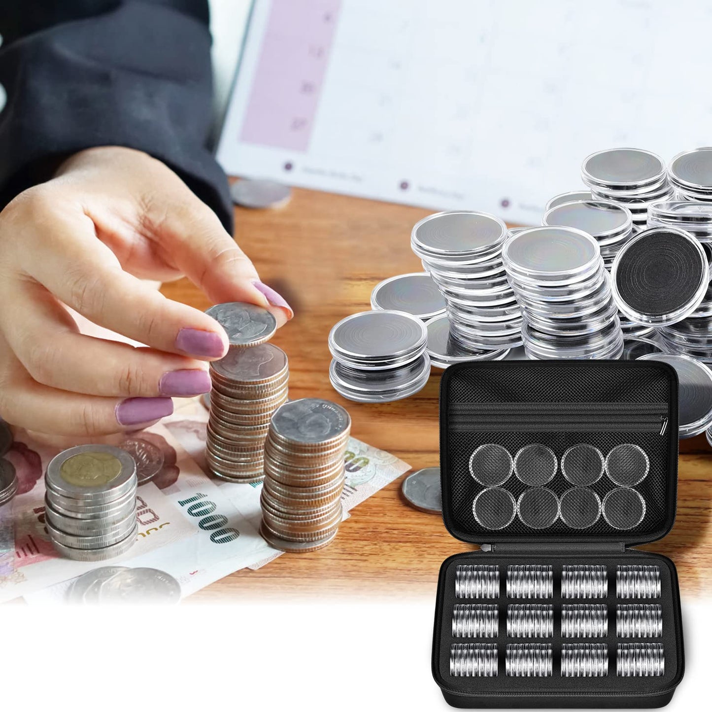 PAIYULE 96 Pieces 46mm Coin Capsules, with Foam Gasket and Plastic Storage Organizer Box, 6 Sizes (20/25/27/30/38/46mm) Coins Collector Case Holder for Coin Collection Supplies (Blue)