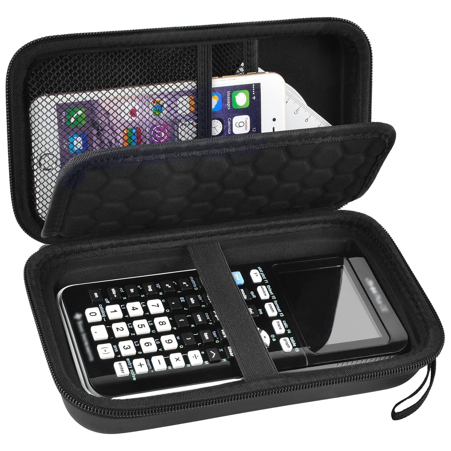 Graphing Calculator Case Compatible with Texas Instruments TI-84 Plus CE/TI-83 Plus CE, Hard Storage Holder for Students, School & Library Study, Mesh Pockets,Pen Holder Hand Strap Case Only Black