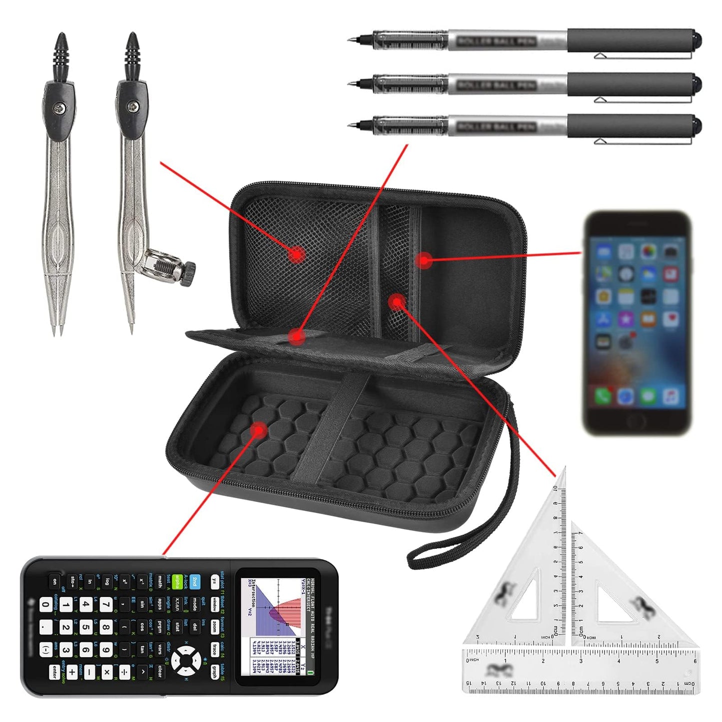 Graphing Calculator Case Compatible with Texas Instruments TI-84 Plus CE/TI-83 Plus CE, Hard Storage Holder for Students, School & Library Study, Mesh Pockets,Pen Holder Hand Strap Case Only Black