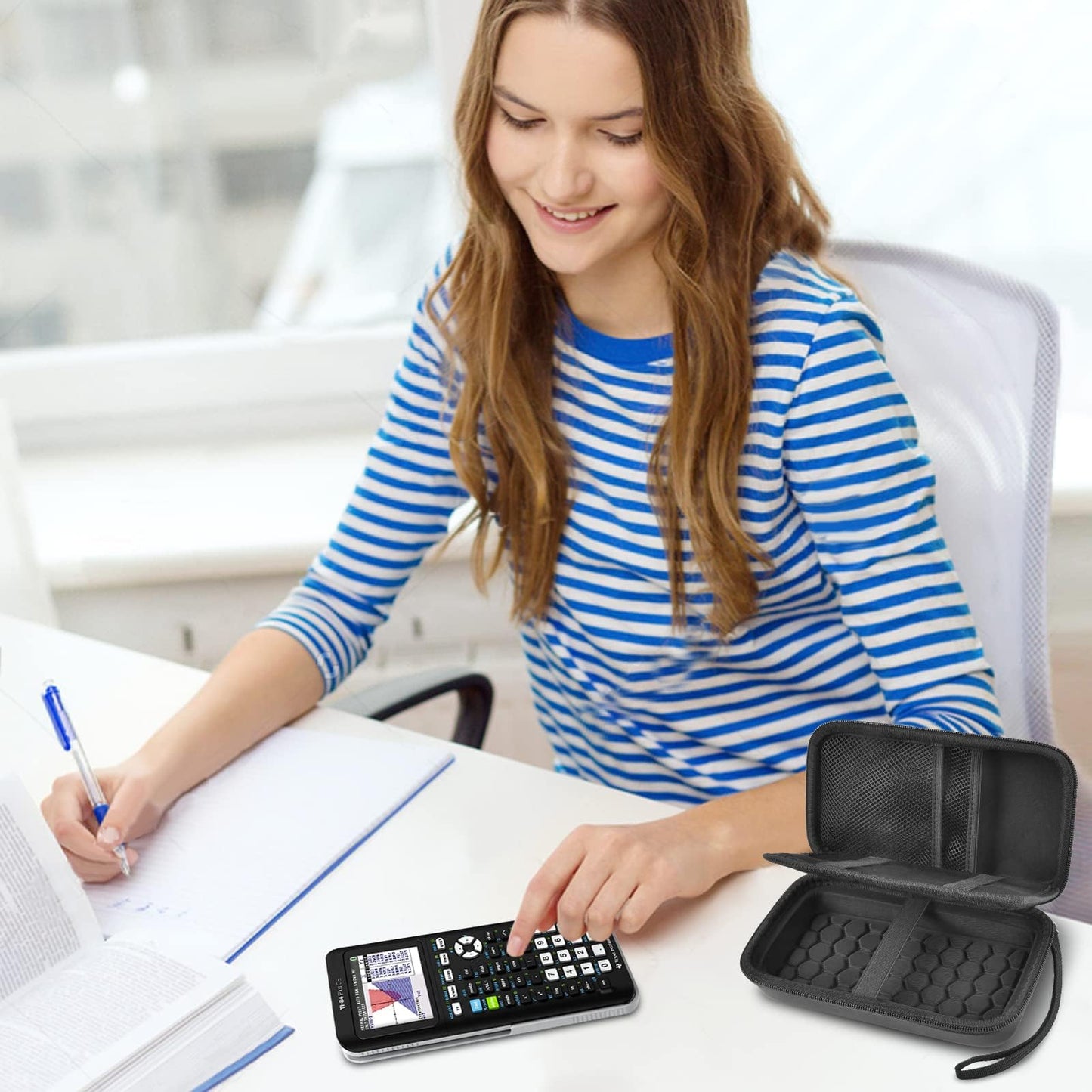 Graphing Calculator Case Compatible with Texas Instruments TI-84 Plus CE/TI-83 Plus CE, Hard Storage Holder for Students, School & Library Study, Mesh Pockets,Pen Holder Hand Strap Case Only Black