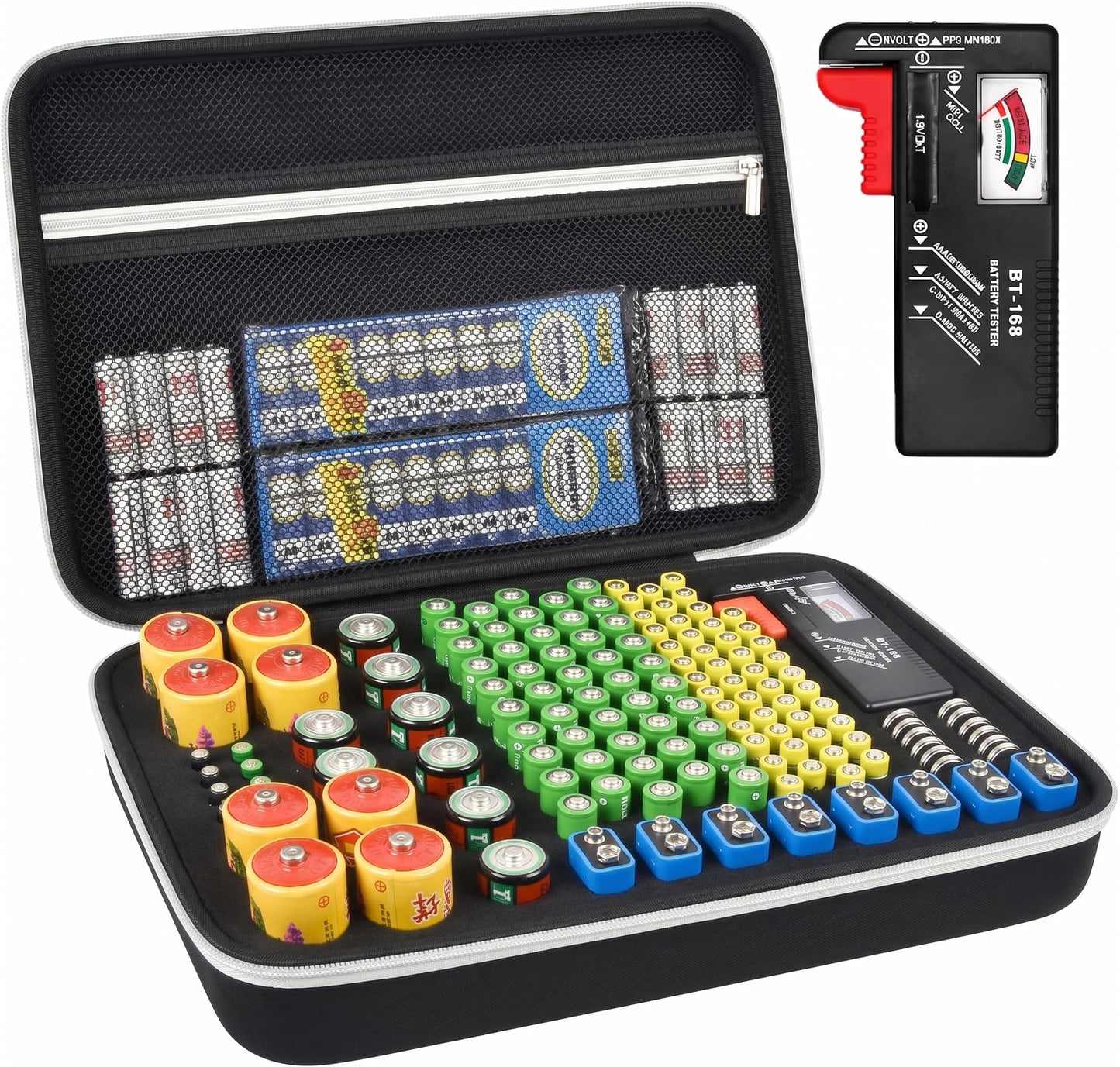 PAIYULE Battery Organizer Storage Box with Tester, Shockproof EVA 220+ AA AAA C D 9V Capacity Emergency Power Solution, Unique 8 D-Cell Home Kitchen Garage Organization