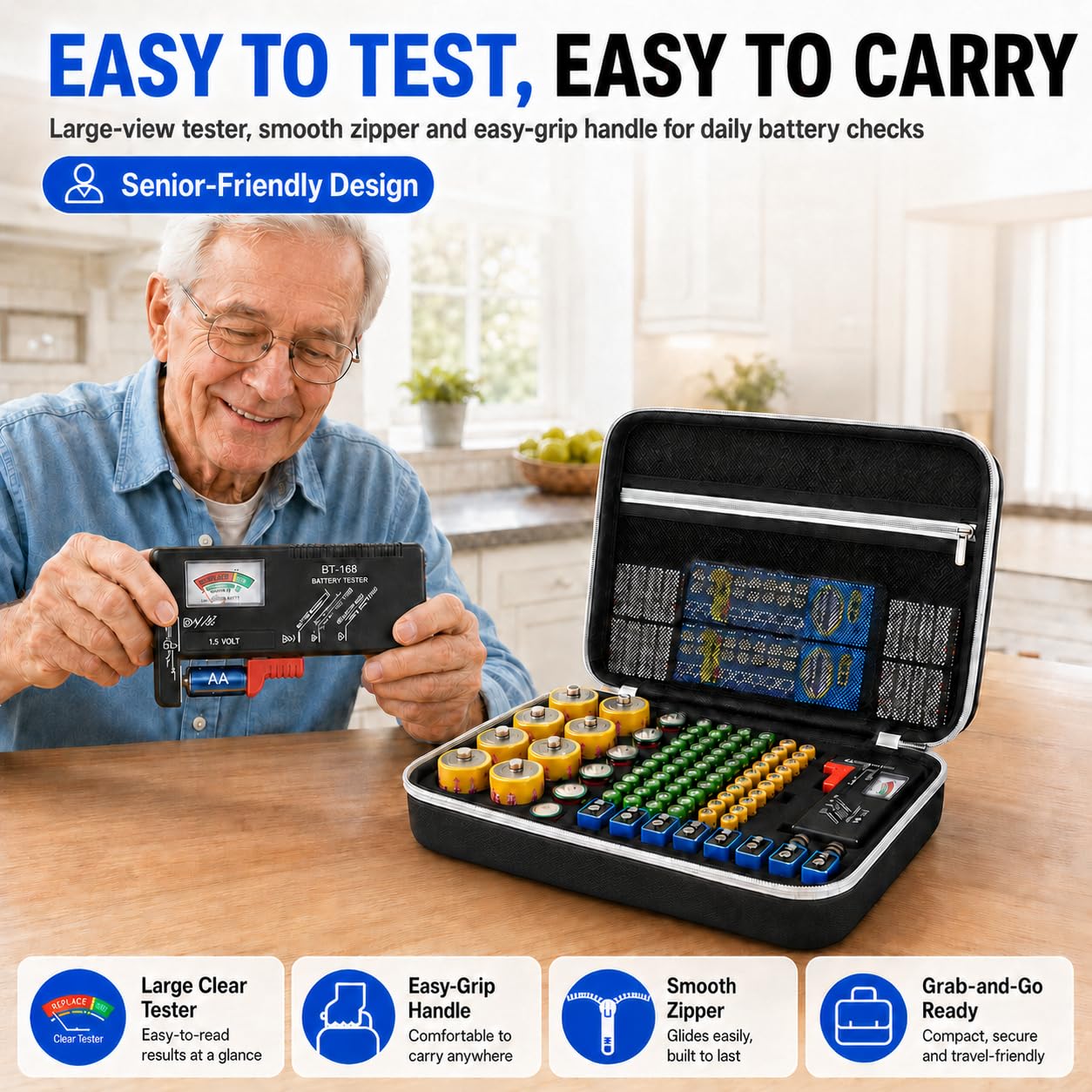 PAIYULE Battery Organizer Storage Box with Tester, Shockproof EVA 220+ AA AAA C D 9V Capacity Emergency Power Solution, Unique 8 D-Cell Home Kitchen Garage Organization