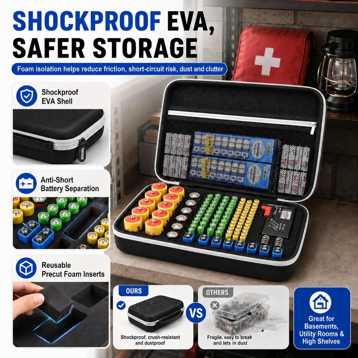 PAIYULE Battery Organizer Storage Box with Tester, Shockproof EVA 220+ AA AAA C D 9V Capacity Emergency Power Solution, Unique 8 D-Cell Home Kitchen Garage Organization