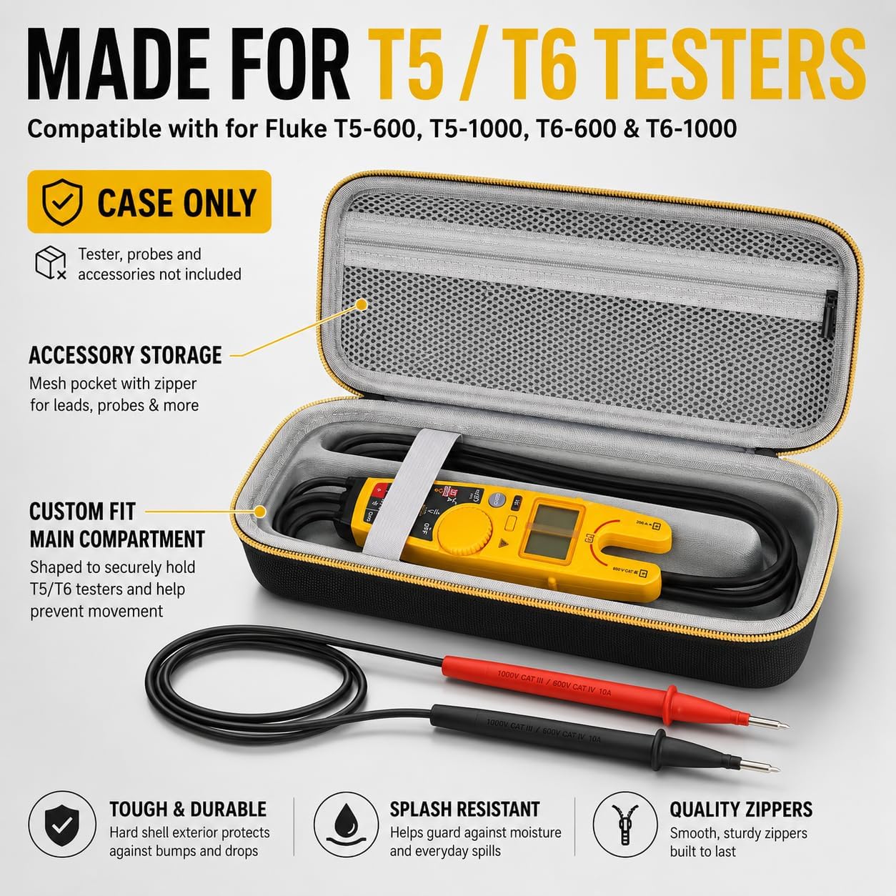 PAIYULE Meter Case Compatible with Fluke T5-600, T5-1000, T6-600, T6-1000 Electrical Tester, Hard EVA Carrying Storage Box with Mesh Pocket and Handle, Black, Case Only