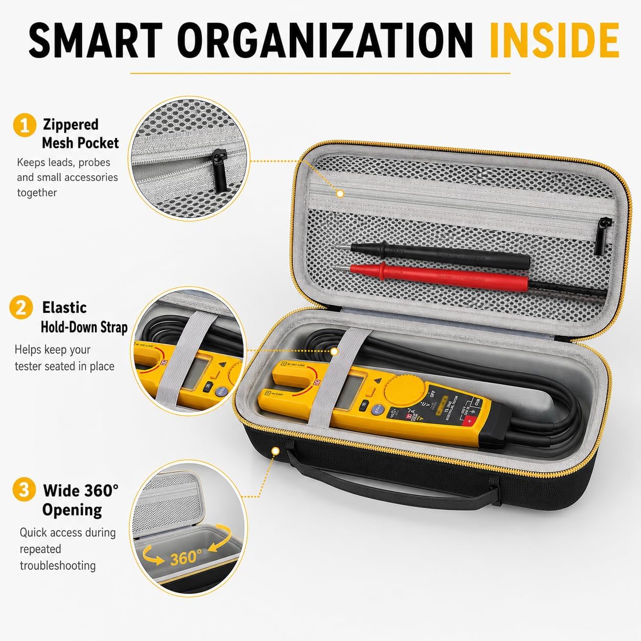 PAIYULE Meter Case Compatible with Fluke T5-600, T5-1000, T6-600, T6-1000 Electrical Tester, Hard EVA Carrying Storage Box with Mesh Pocket and Handle, Black, Case Only