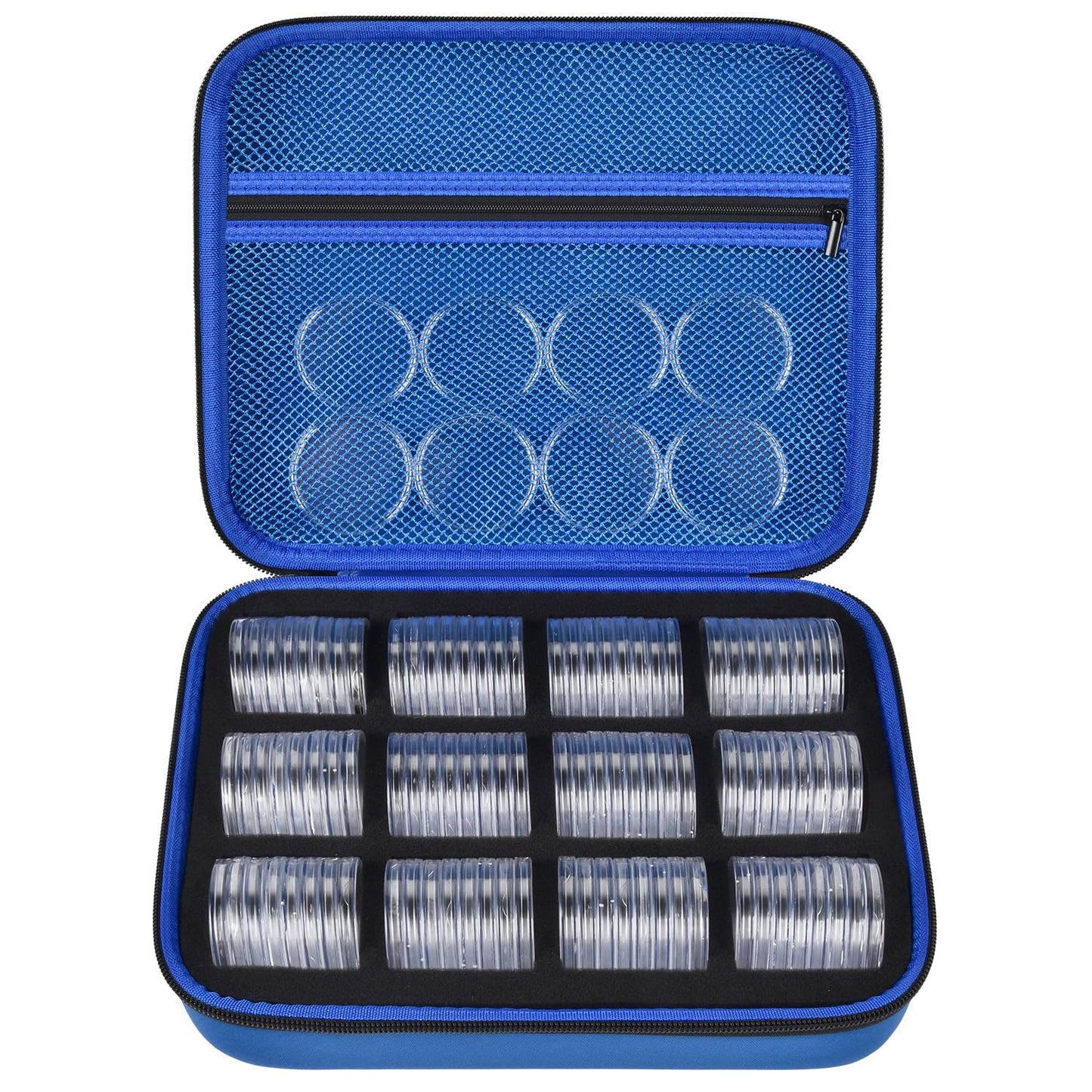 PAIYULE 96 Pieces 46mm Coin Capsules, with Foam Gasket and Plastic Storage Organizer Box, 6 Sizes (20/25/27/30/38/46mm) Coins Collector Case Holder for Coin Collection Supplies (Blue)