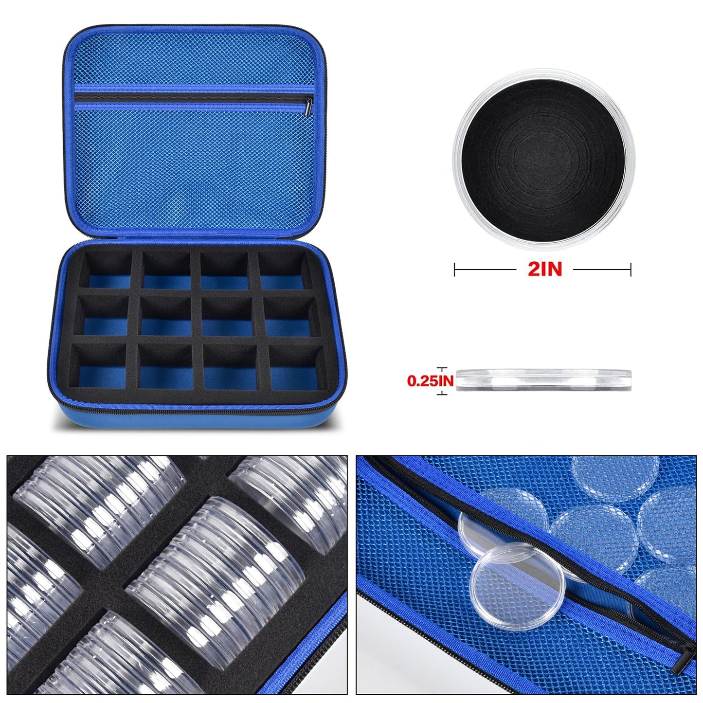 PAIYULE 96 Pieces 46mm Coin Capsules, with Foam Gasket and Plastic Storage Organizer Box, 6 Sizes (20/25/27/30/38/46mm) Coins Collector Case Holder for Coin Collection Supplies (Blue)