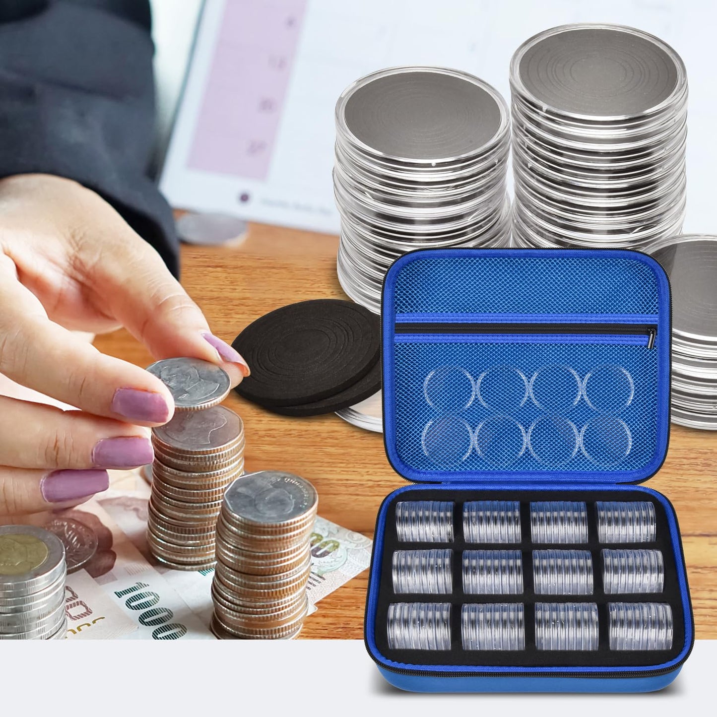 PAIYULE 96 Pieces 46mm Coin Capsules, with Foam Gasket and Plastic Storage Organizer Box, 6 Sizes (20/25/27/30/38/46mm) Coins Collector Case Holder for Coin Collection Supplies (Blue)