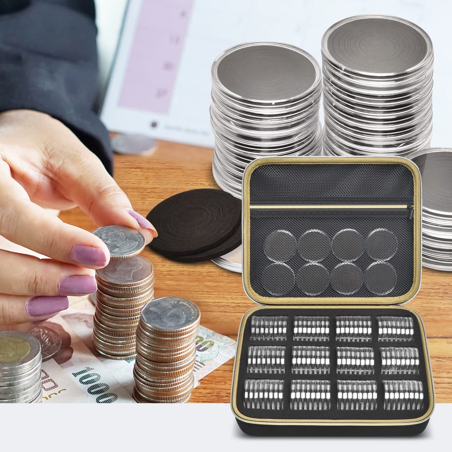 PAIYULE 96 Pieces 46mm Coin Capsules, with Foam Gasket and Plastic Storage Organizer Box, 6 Sizes (20/25/27/30/38/46mm) Coins Collector Case Holder for Coin Collection Supplies (Blue)