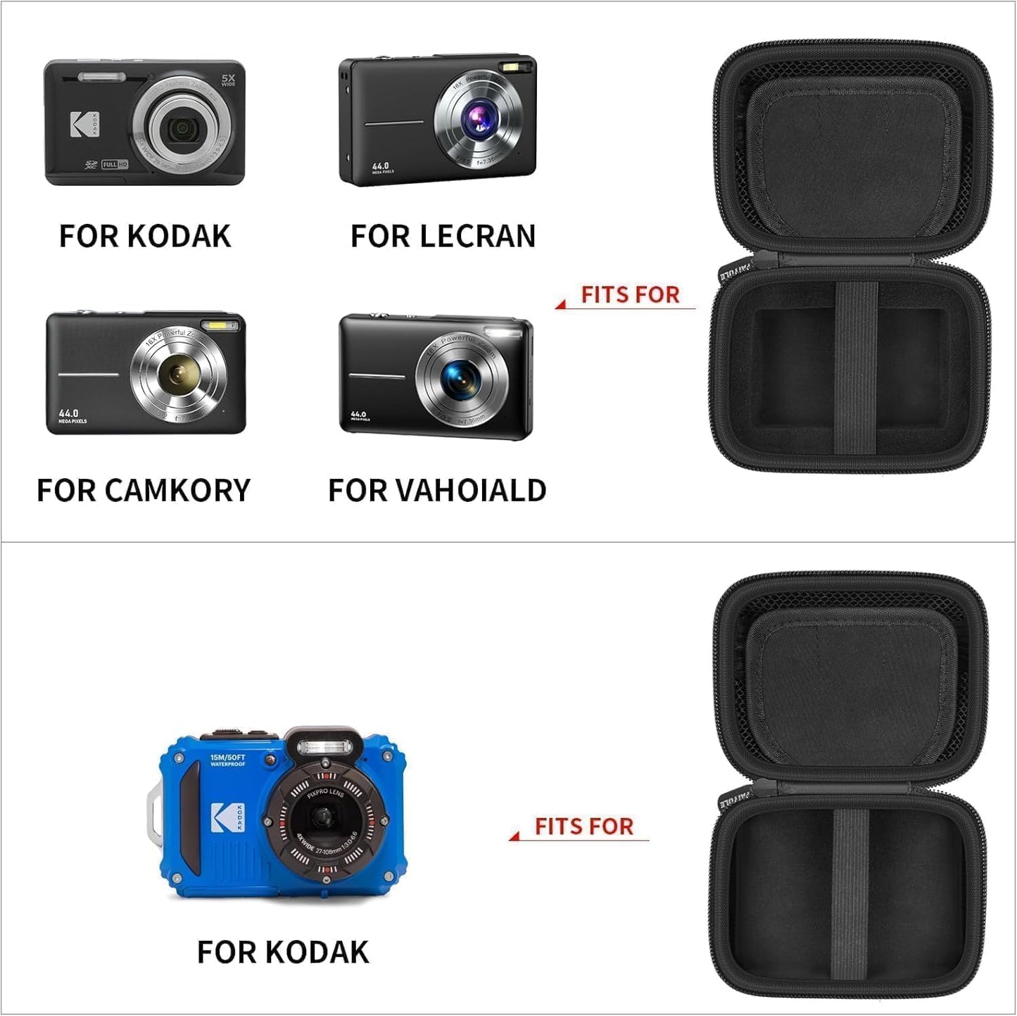 PAIYULE Camera Case for Kodak PIXPRO FZ55/FZ45/WPZ2, Shockproof Hard Shell Camera Case with EVA Foam Insert, SD Card Holder, Mesh Pocket & Hand Strap, Weather-Resistant Travel Case, Black (Case Only)