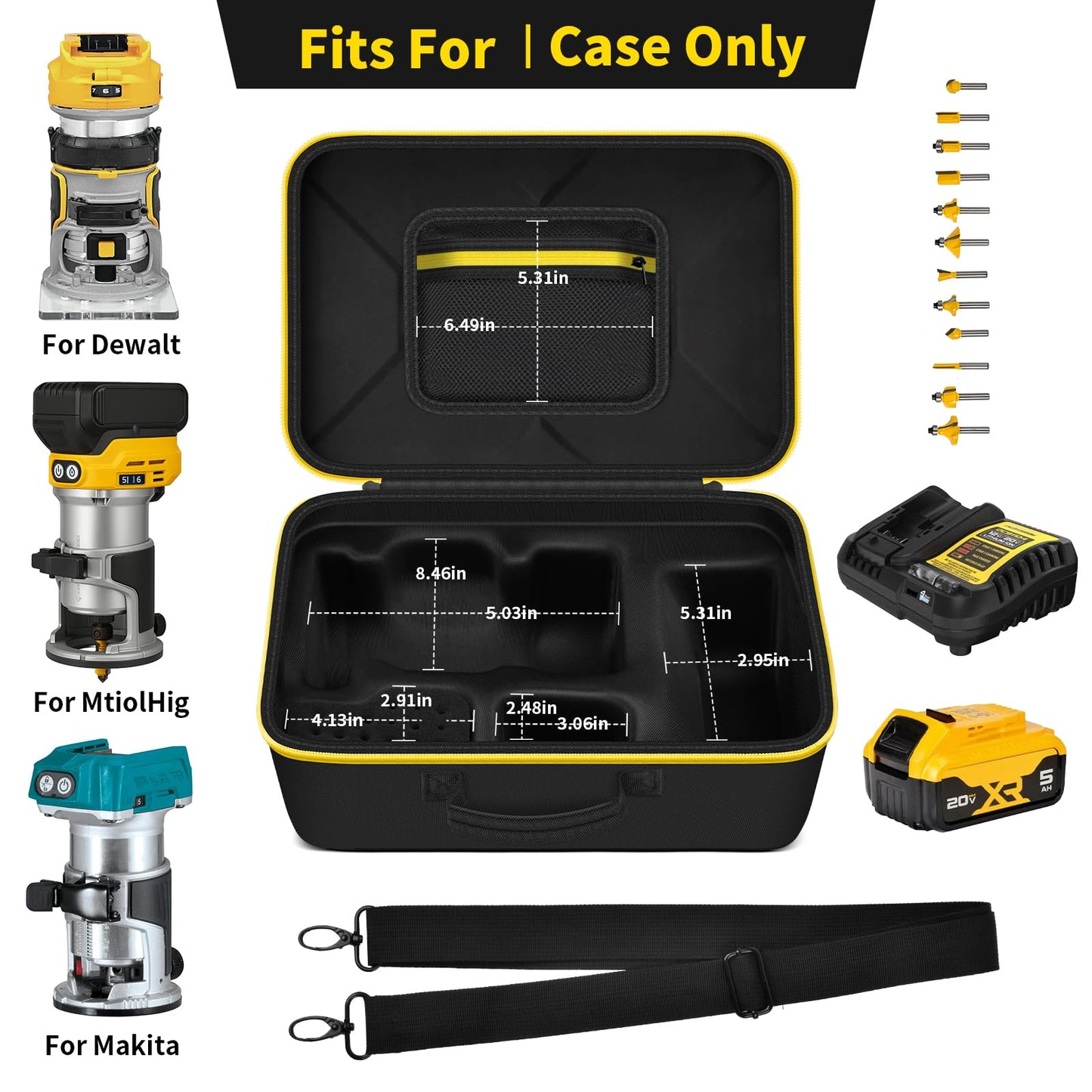 PAIYULE Case for DEWALT 20V Max XR Cordless Router- DCW600B for MtiolHig for Makita Woodworking Tools with Strap, Compact Router Accessories Storage Bag for Battery, Charger, Bits (Box Only)