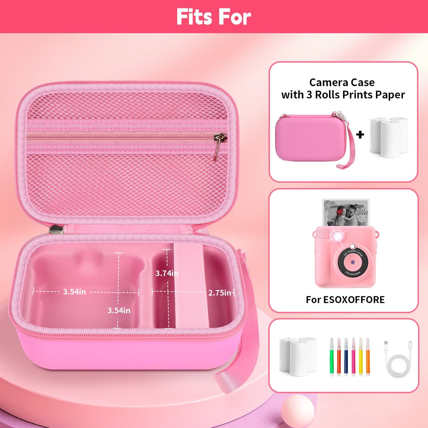 PAIYULE Kids Instant Print Camera Case for ESOXOFFORE Digital Video Cameras with 3 Rolls Paper Refill, Toddler Film Camera Storage Holder Bag with Mesh Pocket for Thermal Paper (Box Only)- Blue