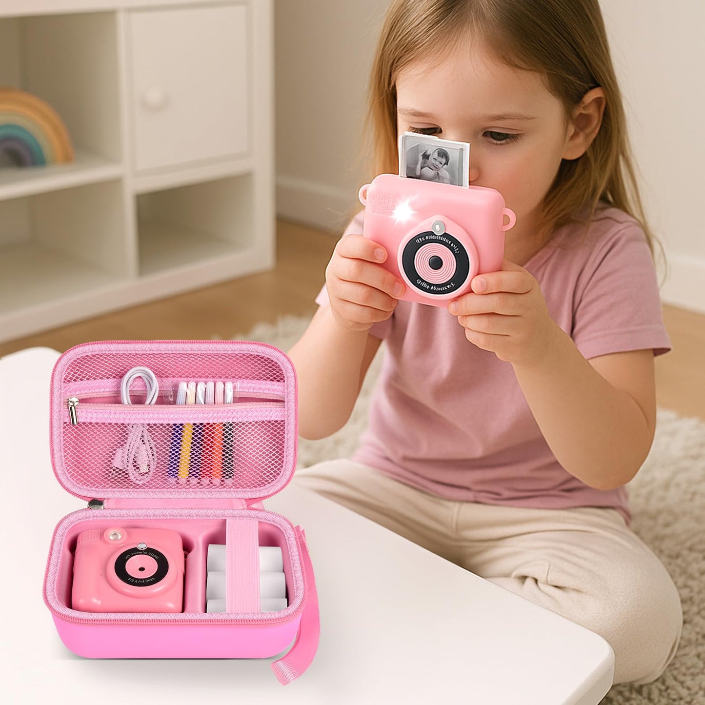 PAIYULE Kids Instant Print Camera Case for ESOXOFFORE Digital Video Cameras with 3 Rolls Paper Refill, Toddler Film Camera Storage Holder Bag with Mesh Pocket for Thermal Paper (Box Only)- Blue
