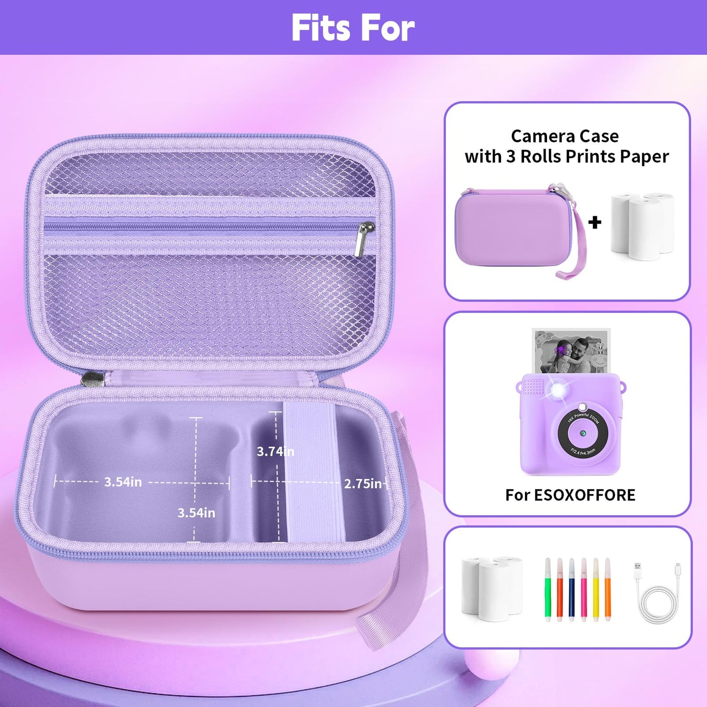 PAIYULE Kids Instant Print Camera Case for ESOXOFFORE Digital Video Cameras with 3 Rolls Paper Refill, Toddler Film Camera Storage Holder Bag with Mesh Pocket for Thermal Paper (Box Only)- Blue