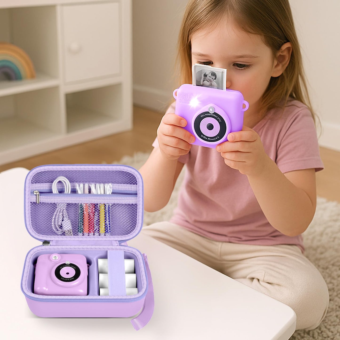PAIYULE Kids Instant Print Camera Case for ESOXOFFORE Digital Video Cameras with 3 Rolls Paper Refill, Toddler Film Camera Storage Holder Bag with Mesh Pocket for Thermal Paper (Box Only)- Blue