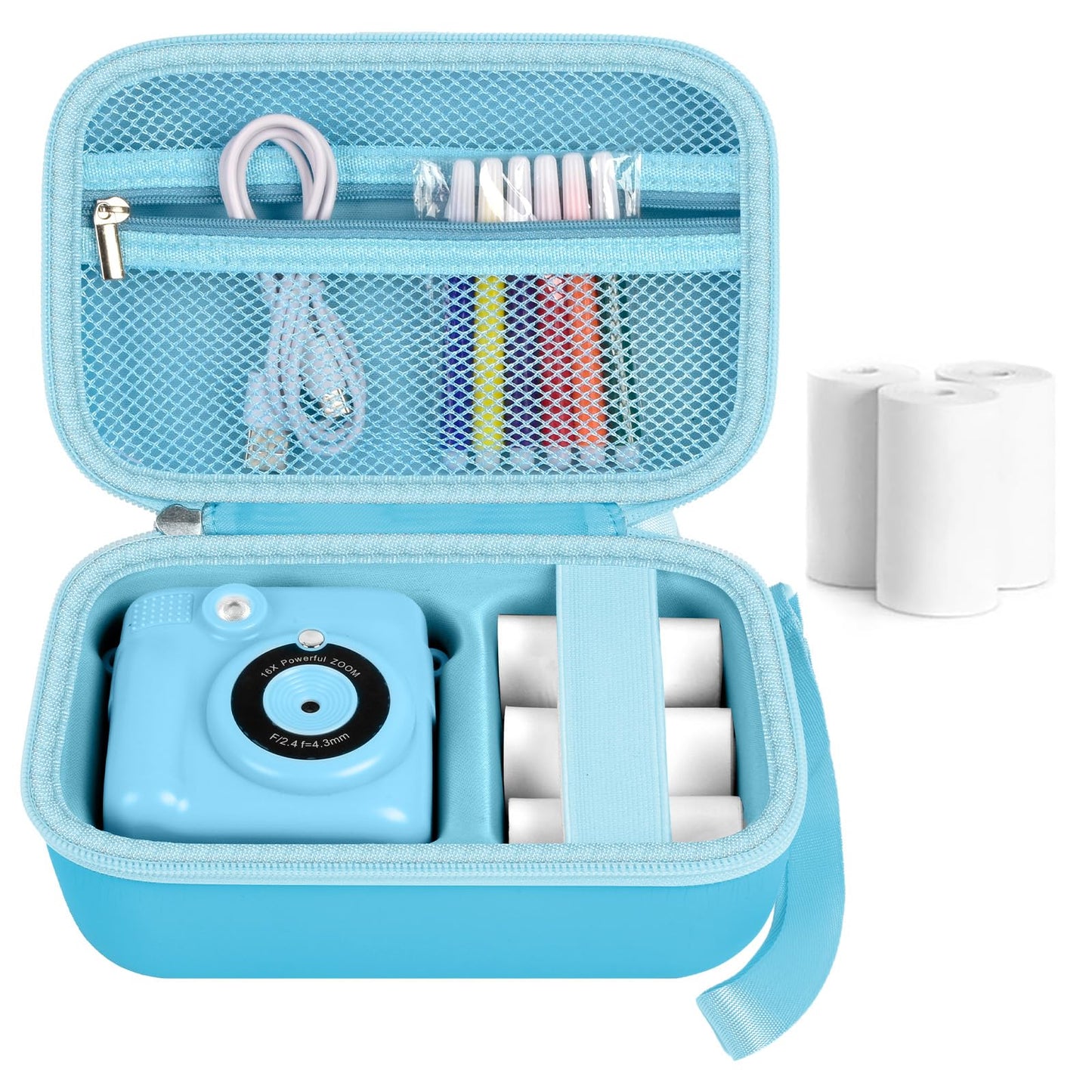 PAIYULE Kids Instant Print Camera Case for ESOXOFFORE Digital Video Cameras with 3 Rolls Paper Refill, Toddler Film Camera Storage Holder Bag with Mesh Pocket for Thermal Paper (Box Only)- Blue