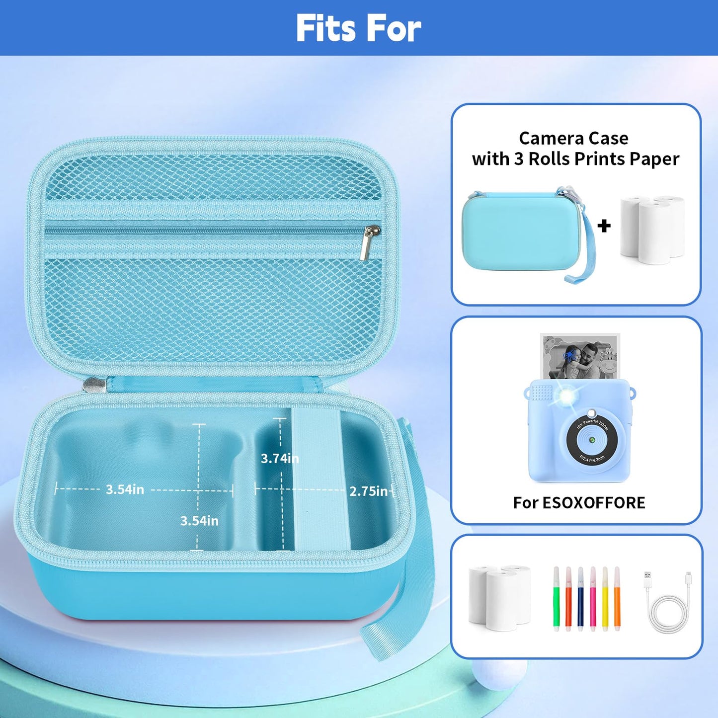 PAIYULE Kids Instant Print Camera Case for ESOXOFFORE Digital Video Cameras with 3 Rolls Paper Refill, Toddler Film Camera Storage Holder Bag with Mesh Pocket for Thermal Paper (Box Only)- Blue