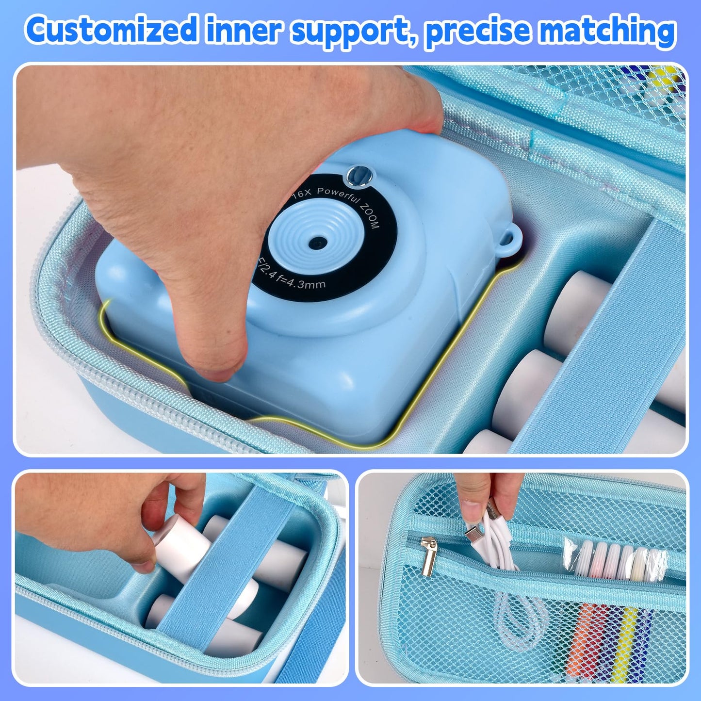 PAIYULE Kids Instant Print Camera Case for ESOXOFFORE Digital Video Cameras with 3 Rolls Paper Refill, Toddler Film Camera Storage Holder Bag with Mesh Pocket for Thermal Paper (Box Only)- Blue