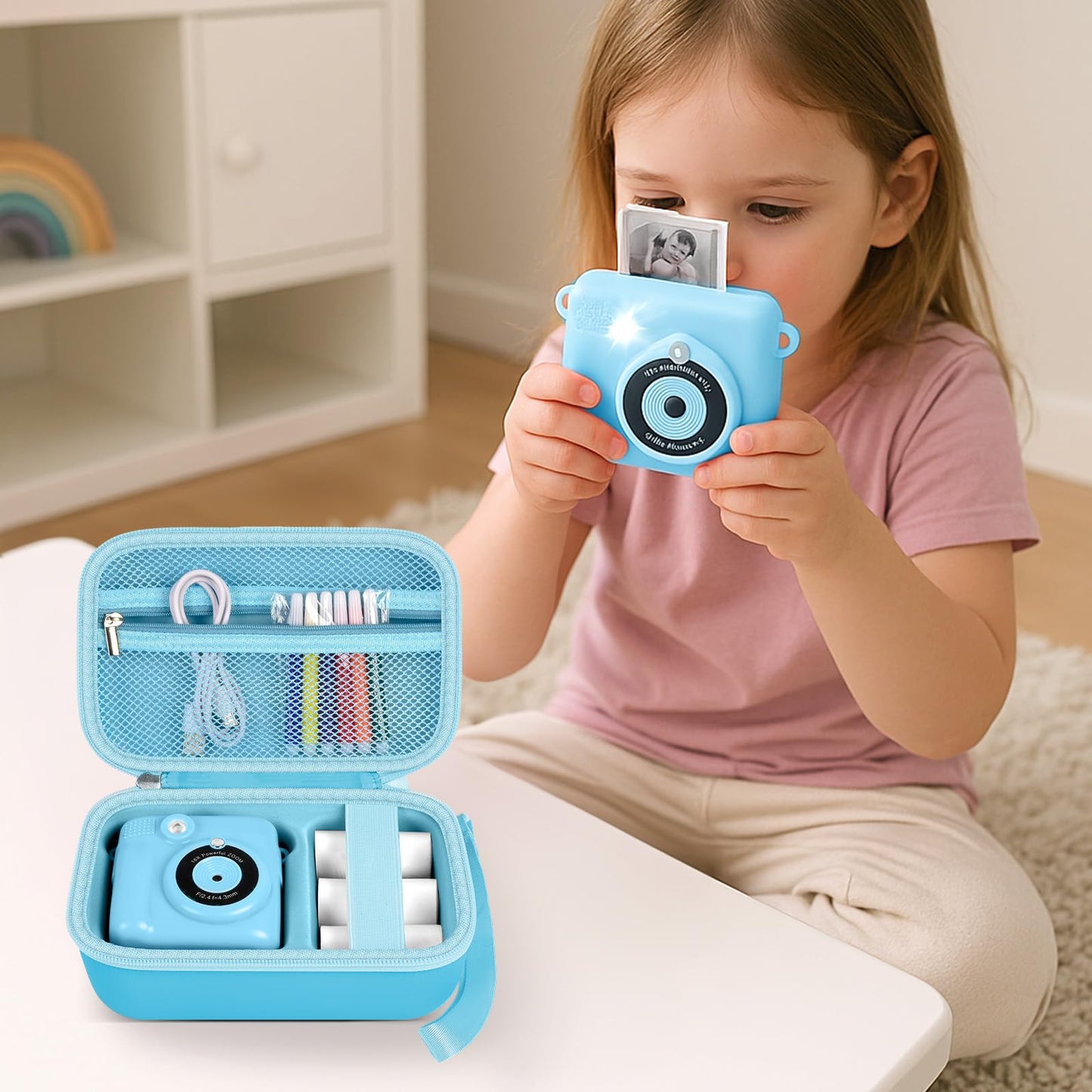 PAIYULE Kids Instant Print Camera Case for ESOXOFFORE Digital Video Cameras with 3 Rolls Paper Refill, Toddler Film Camera Storage Holder Bag with Mesh Pocket for Thermal Paper (Box Only)- Blue