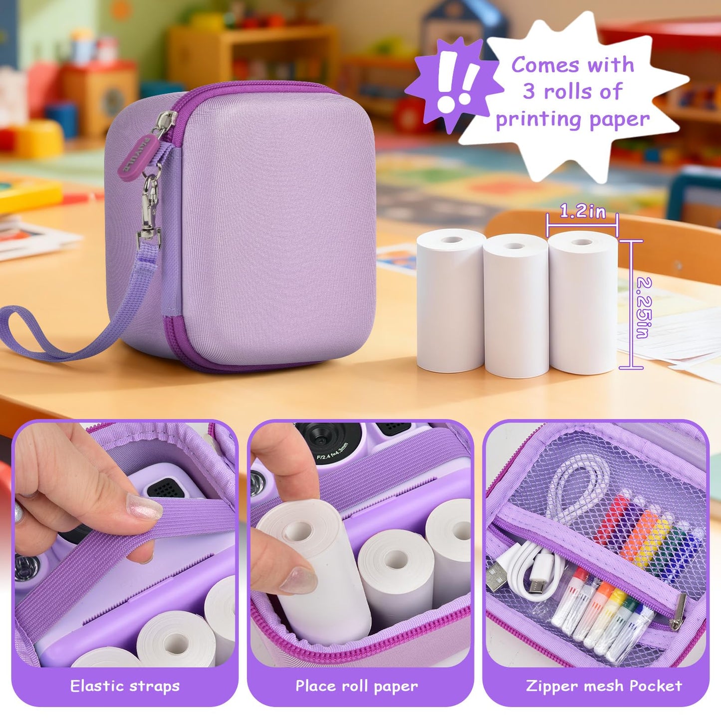 Kids Instant Print Camera Case with 3 Rolls Print Paper for Dylanto for Cimizi for Gofunly for HiMont for TIATUA for ESOXOFFORE for DUDUDRAGON for GKTZ for ETIKEZ Digital Video Bag (Box Only) Purple
