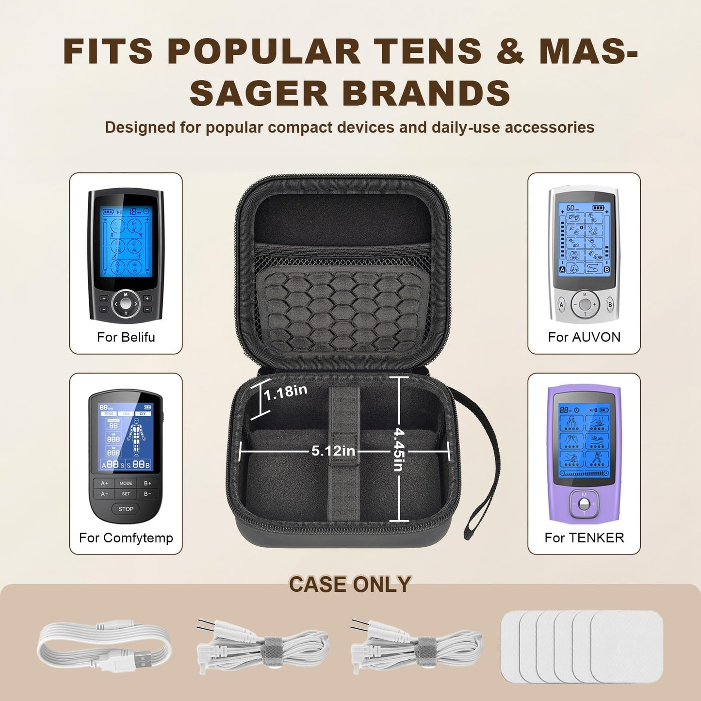 PAIYULE Carrying Case for TENS Unit for Belifu for AUVON, Muscle Stimulator Storage Organizer for Replacement Pads/Cables, Protective Portable Box with Adjustable Divider and Mesh Pocket(Box Only)
