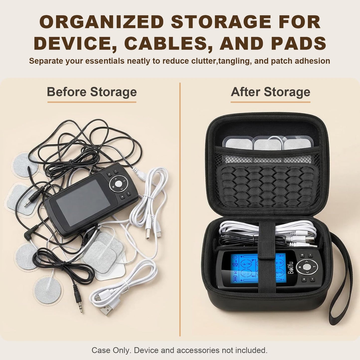 PAIYULE Carrying Case for TENS Unit for Belifu for AUVON, Muscle Stimulator Storage Organizer for Replacement Pads/Cables, Protective Portable Box with Adjustable Divider and Mesh Pocket(Box Only)