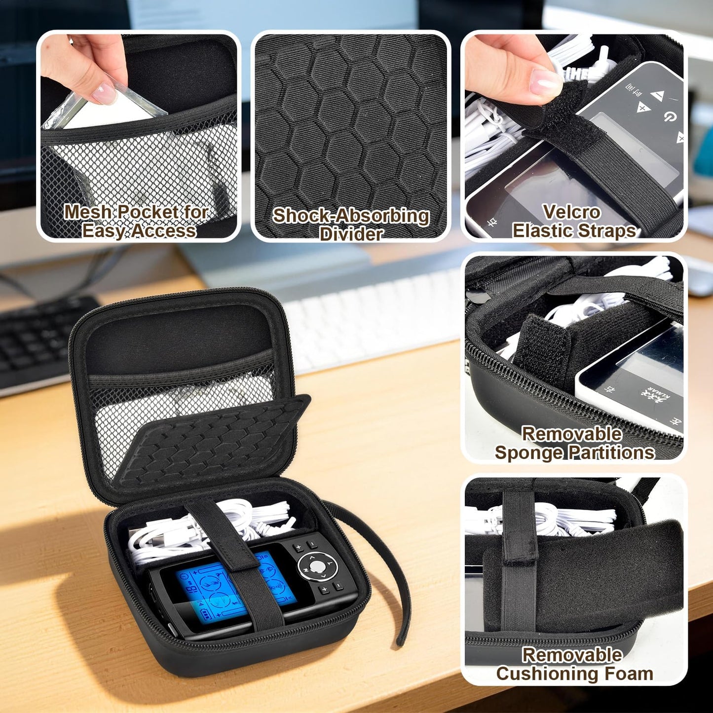 PAIYULE Carrying Case for TENS Unit for Belifu for AUVON, Muscle Stimulator Storage Organizer for Replacement Pads/Cables, Protective Portable Box with Adjustable Divider and Mesh Pocket(Box Only)