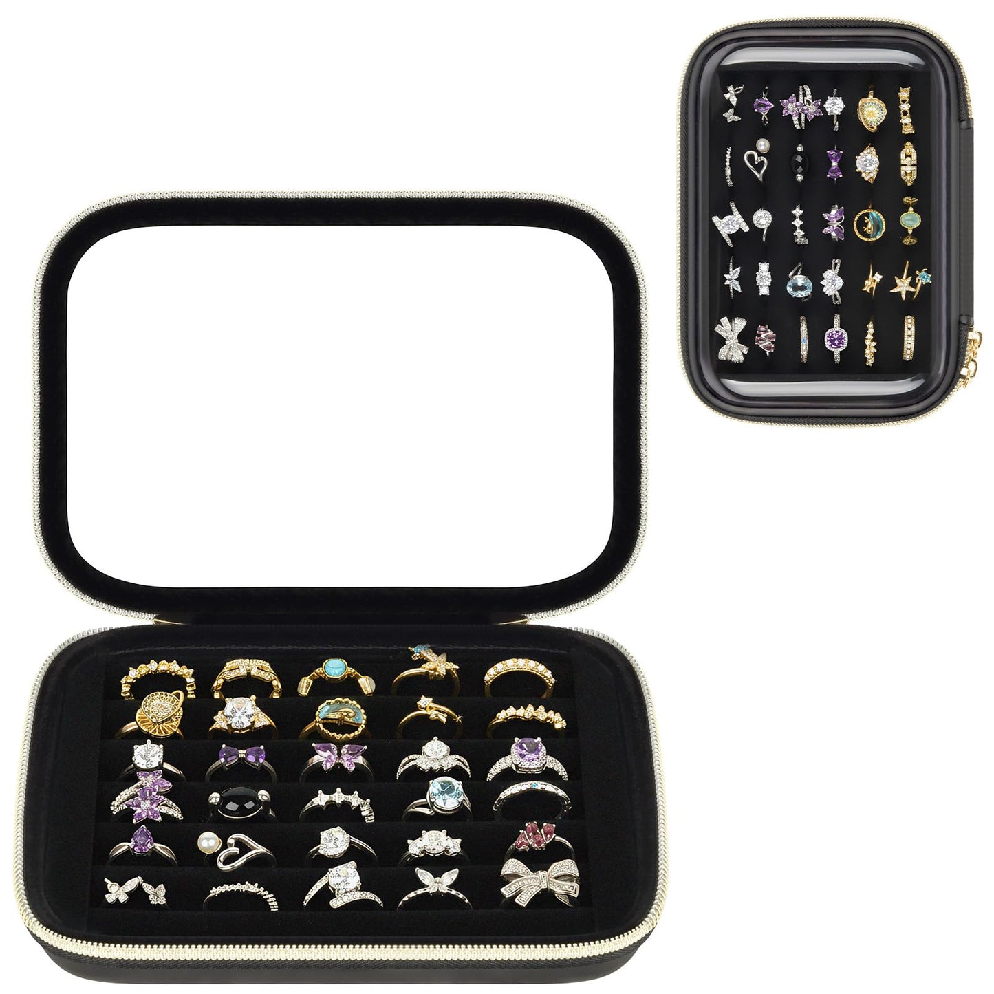PAIYULE Ring Organizer Box with Clear Top for 30+ Pcs, 6-Row Velvet Ring Display Case with EVA Hard Shell, Portable Ring Storage Case for Vanity & Travel, Rose Gold, Case Only