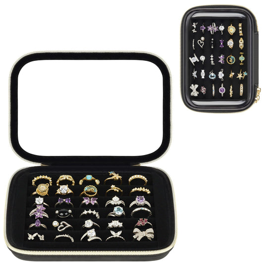 PAIYULE Ring Organizer Box with Clear Top for 30+ Pcs, 6-Row Velvet Ring Display Case with EVA Hard Shell, Portable Ring Storage Case for Vanity & Travel, Rose Gold, Case Only