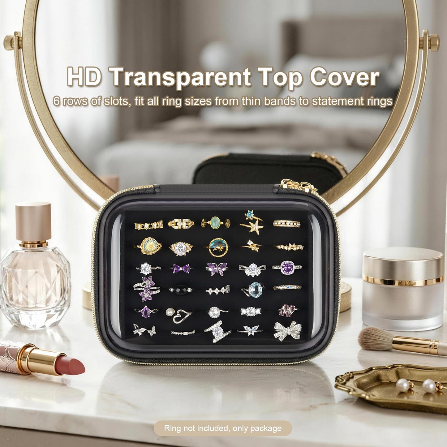 PAIYULE Ring Organizer Box with Clear Top for 30+ Pcs, 6-Row Velvet Ring Display Case with EVA Hard Shell, Portable Ring Storage Case for Vanity & Travel, Rose Gold, Case Only