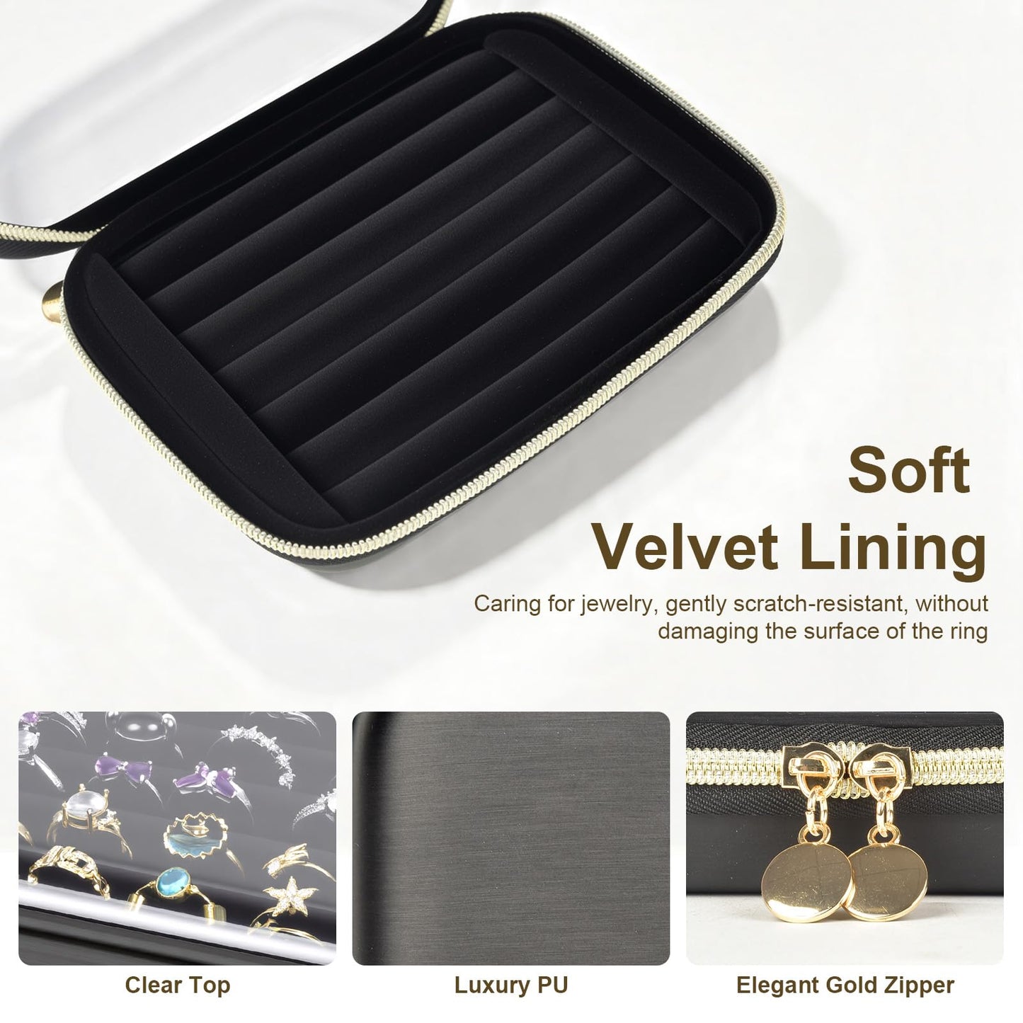 PAIYULE Ring Organizer Box with Clear Top for 30+ Pcs, 6-Row Velvet Ring Display Case with EVA Hard Shell, Portable Ring Storage Case for Vanity & Travel, Rose Gold, Case Only