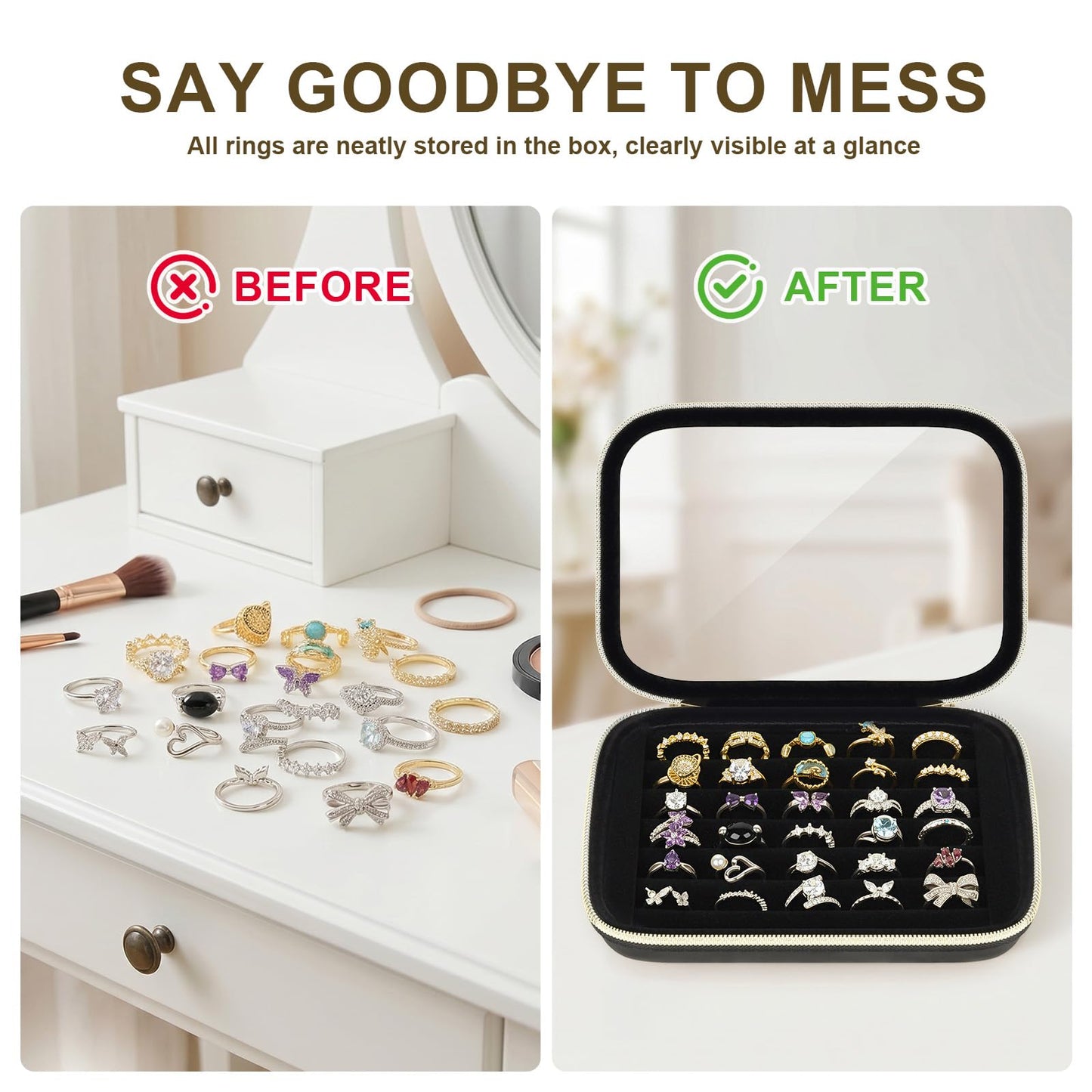 PAIYULE Ring Organizer Box with Clear Top for 30+ Pcs, 6-Row Velvet Ring Display Case with EVA Hard Shell, Portable Ring Storage Case for Vanity & Travel, Rose Gold, Case Only