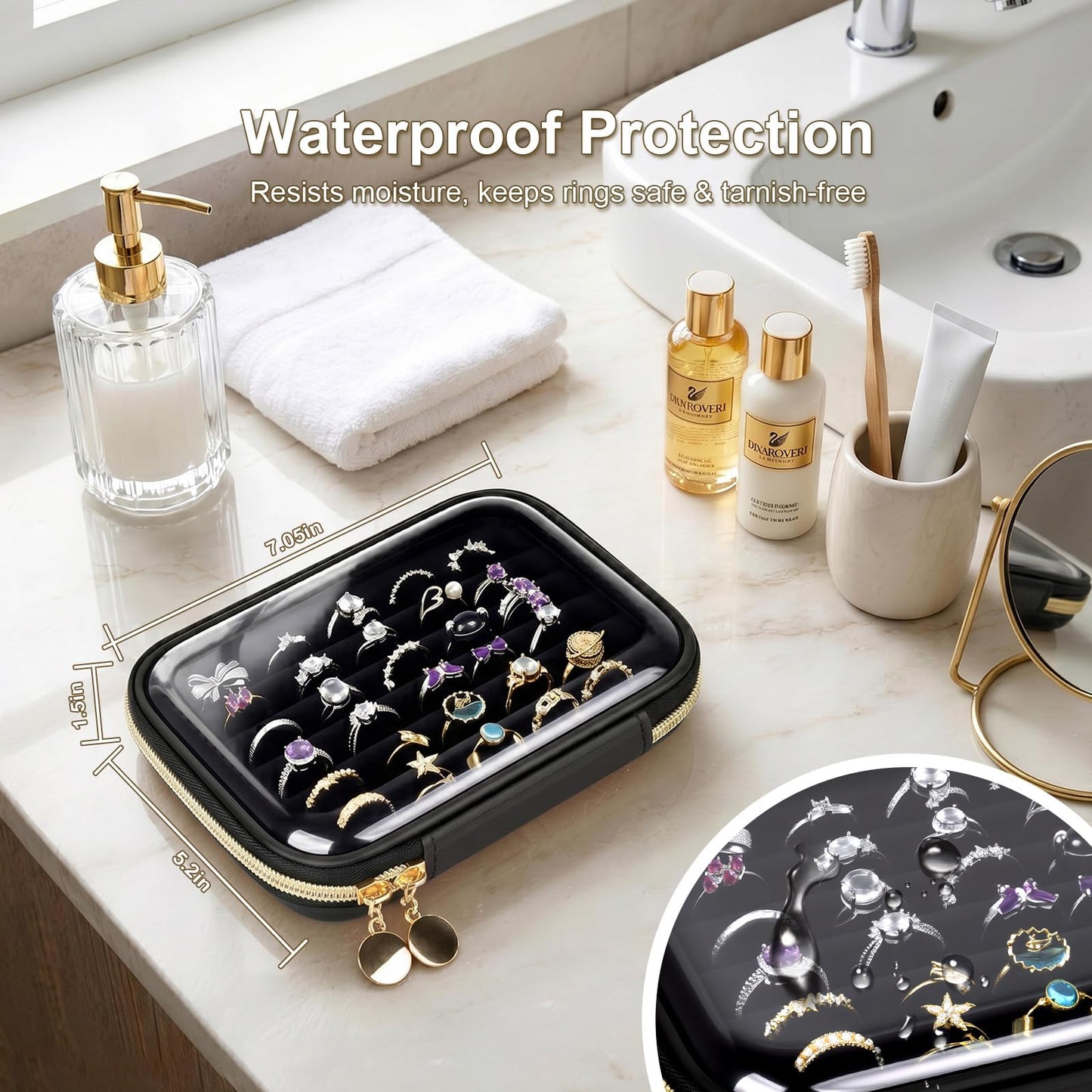 PAIYULE Ring Organizer Box with Clear Top for 30+ Pcs, 6-Row Velvet Ring Display Case with EVA Hard Shell, Portable Ring Storage Case for Vanity & Travel, Rose Gold, Case Only