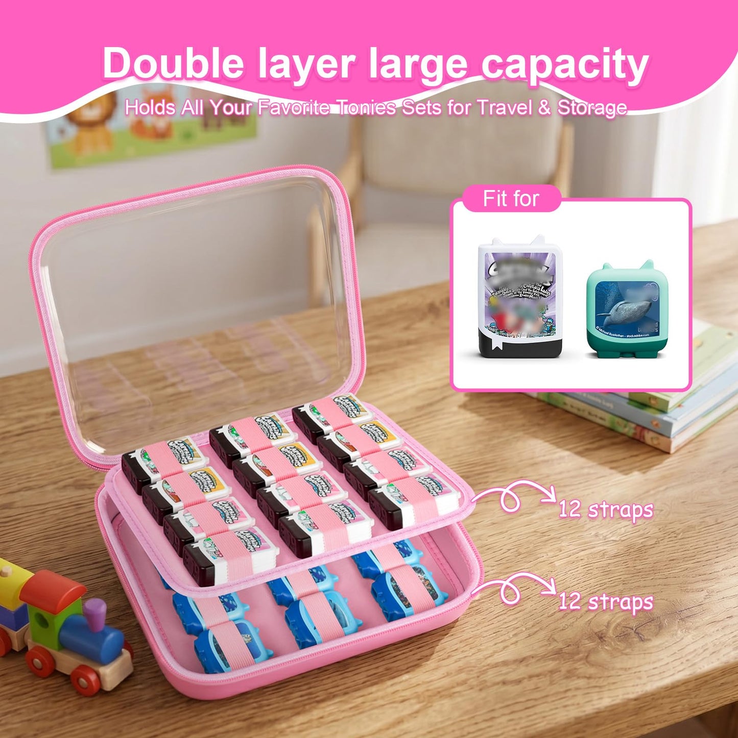 PAIYULE Hard Case for Tonies Audiobook Play Figures & 4-Pack Sets, Organizer with Clear Top for Travel, Present, and Collection Display- Pink (Case Only)
