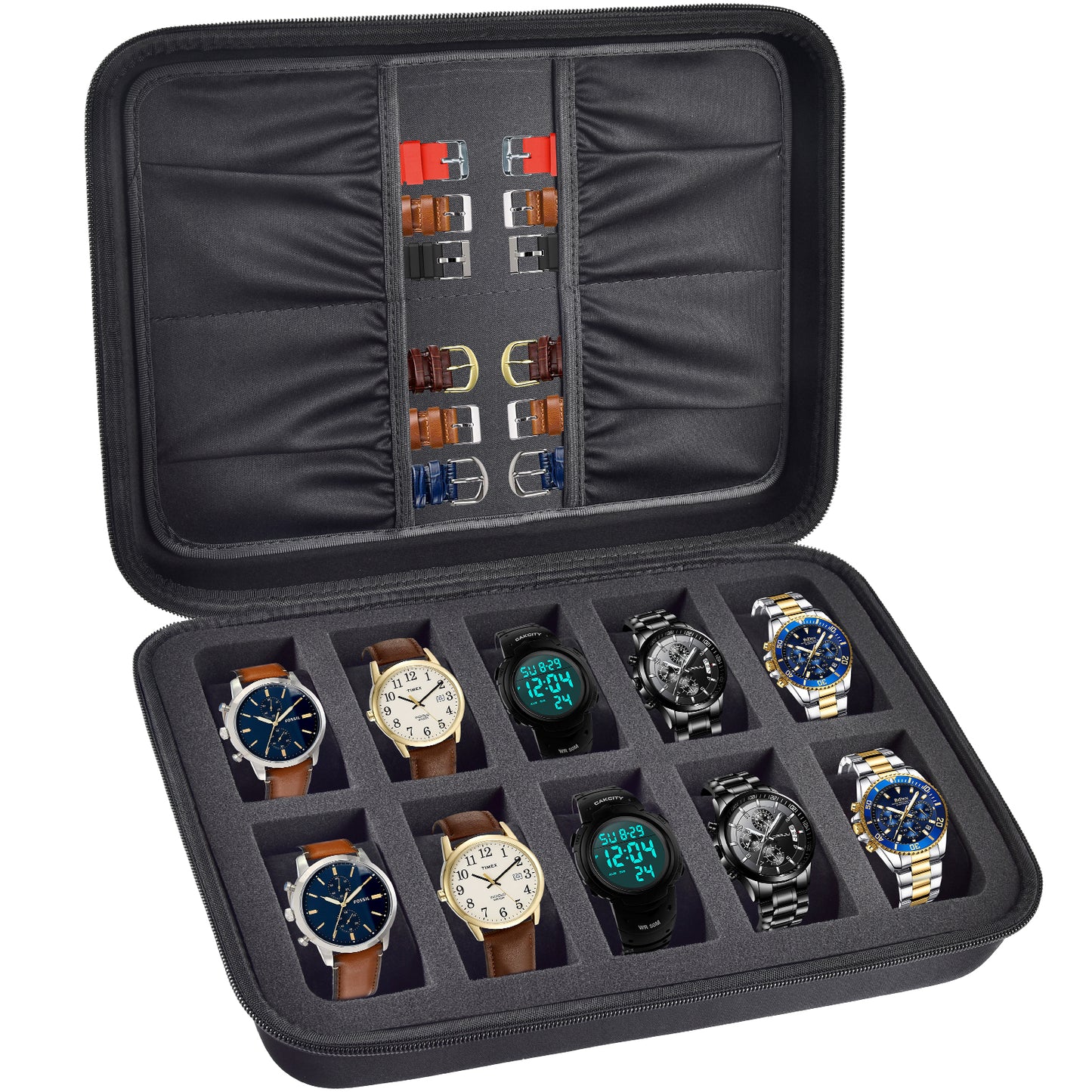 Watch Box Organizer Case, 10 Slots Men Women Display Holder Storage Stand Roll for All Wristwatches, Digital Sports, Smartwatches 42mm, Accessories Pocket for Watch Bands, Cufflink, Jewelry (Bag Only)