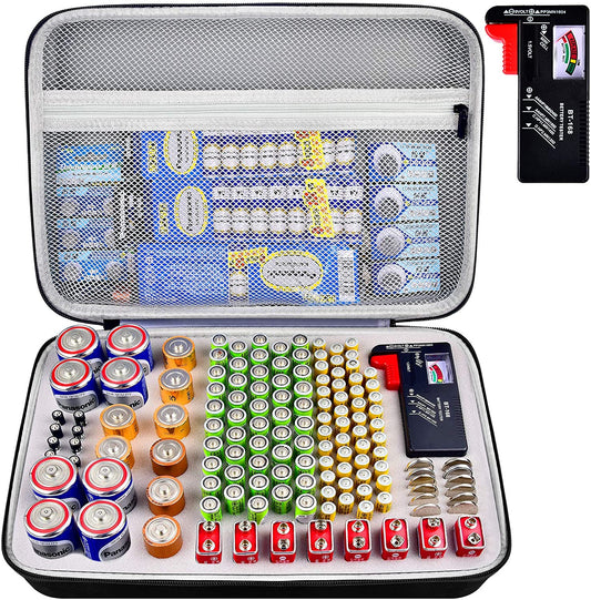 Battery Organizer Storage Case with Tester, Battery Box Holder Garage Container Bag Fits for AA AAA AAAA 9V C D Lithium 3V(Not Includes Batteries)
