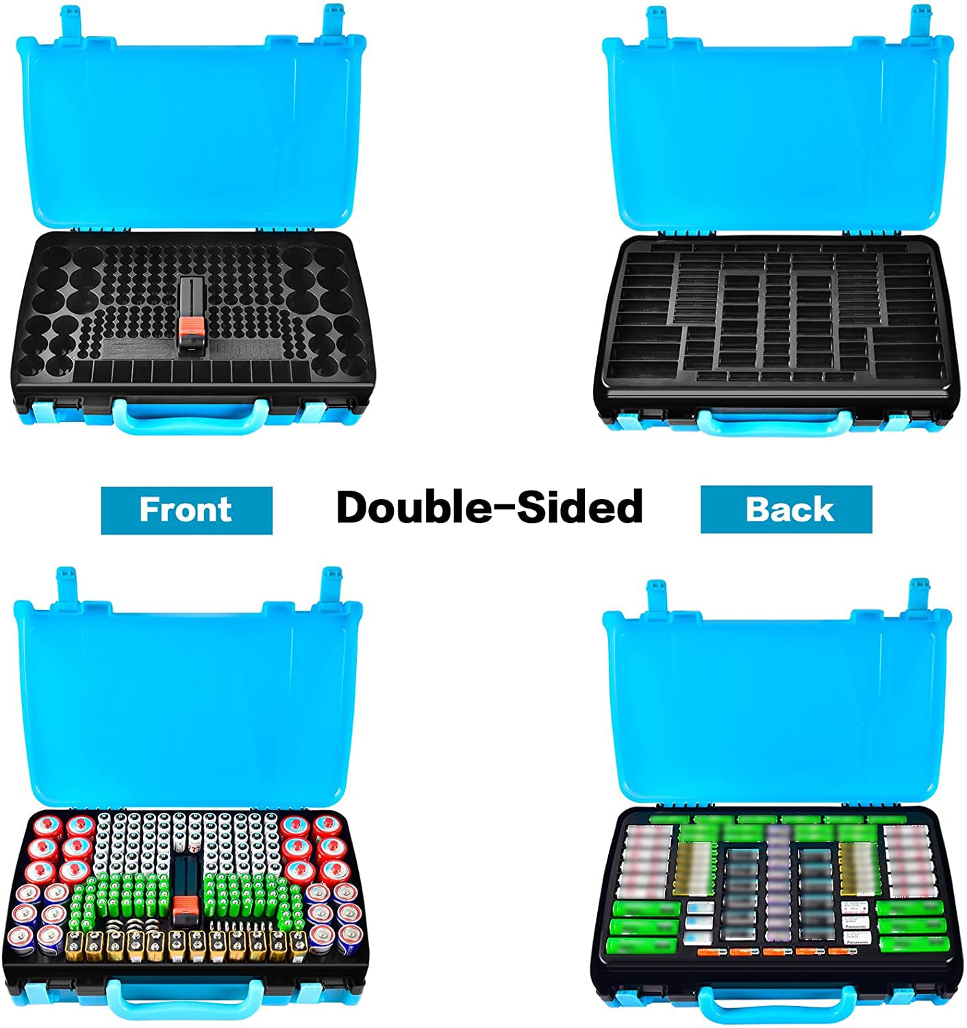 Battery Organizer Storage Case with Tester, Double-Sided Batteries Box Holder Fits for 269 AA AAA AAAA 3A 4A 9V C D Lithium 23A 4LR44 CR123A CR1632 CR2032, Battery Garage Container Keeper- Blue