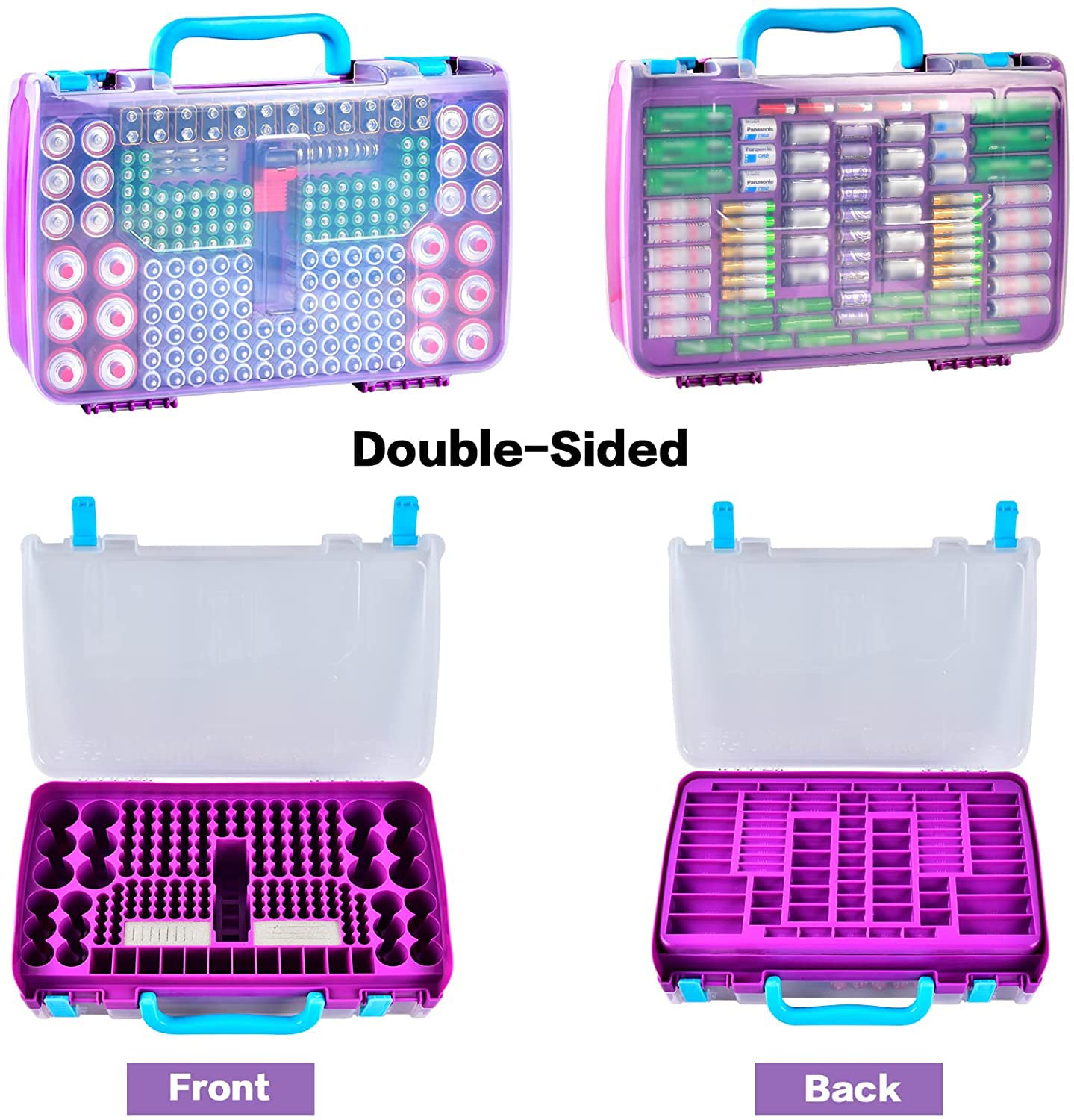 Battery Organizer Storage Case with Tester, Double-Sided Batteries Box Holder Fits for 269 AA AAA AAAA 3A 4A 9V C D Lithium 23A 4LR44 CR123A CR1632 CR2032, Battery Garage Container Keeper- Purple