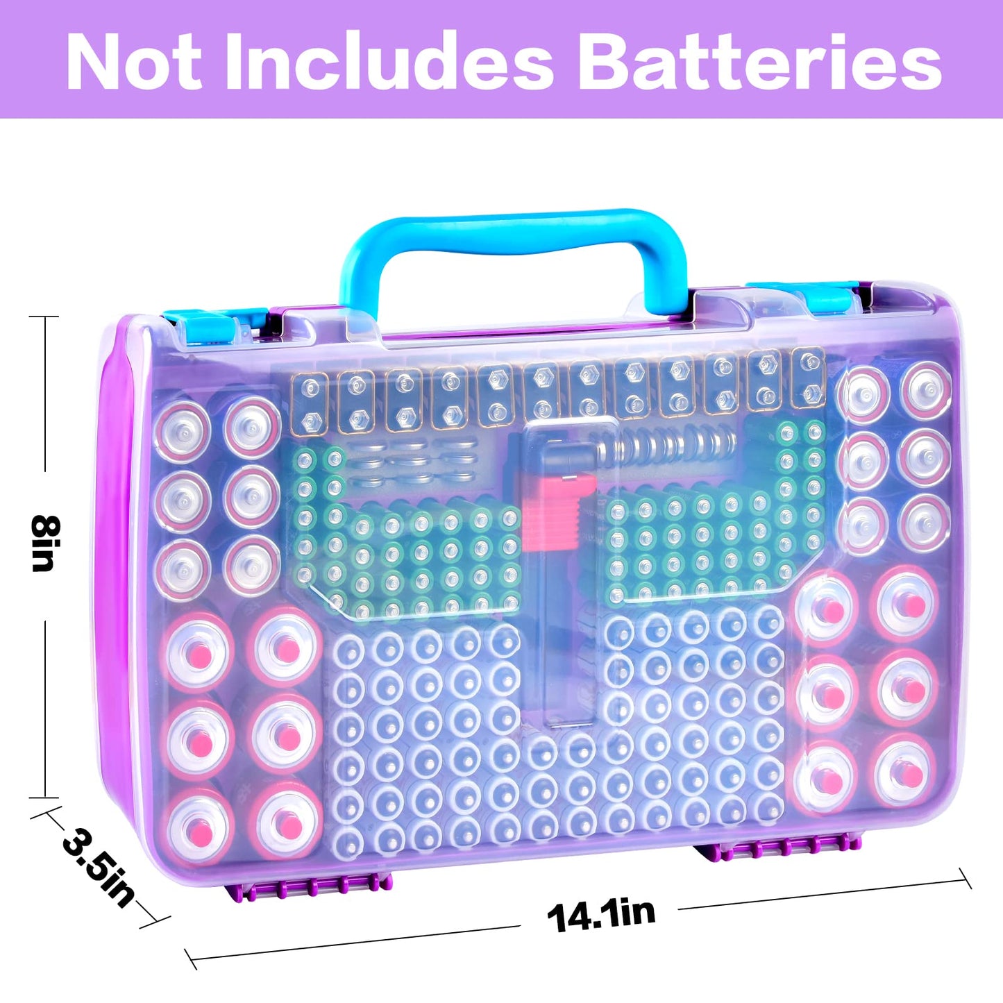 Battery Organizer Storage Case with Tester, Double-Sided Batteries Box Holder Fits for 269 AA AAA AAAA 3A 4A 9V C D Lithium 23A 4LR44 CR123A CR1632 CR2032, Battery Garage Container Keeper- Purple